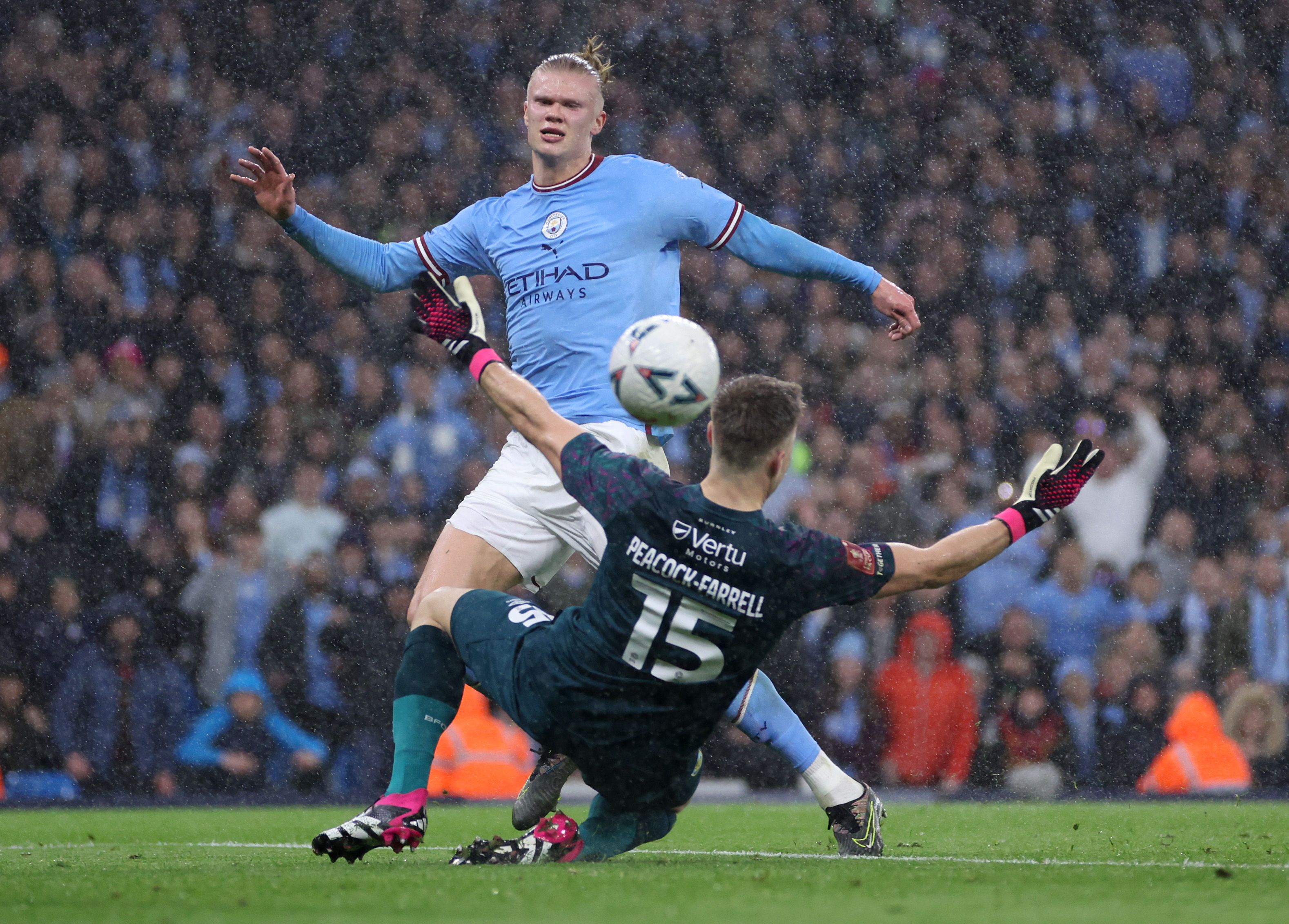 Erling Haaland scores Manchester City's second goal vs Burnley.