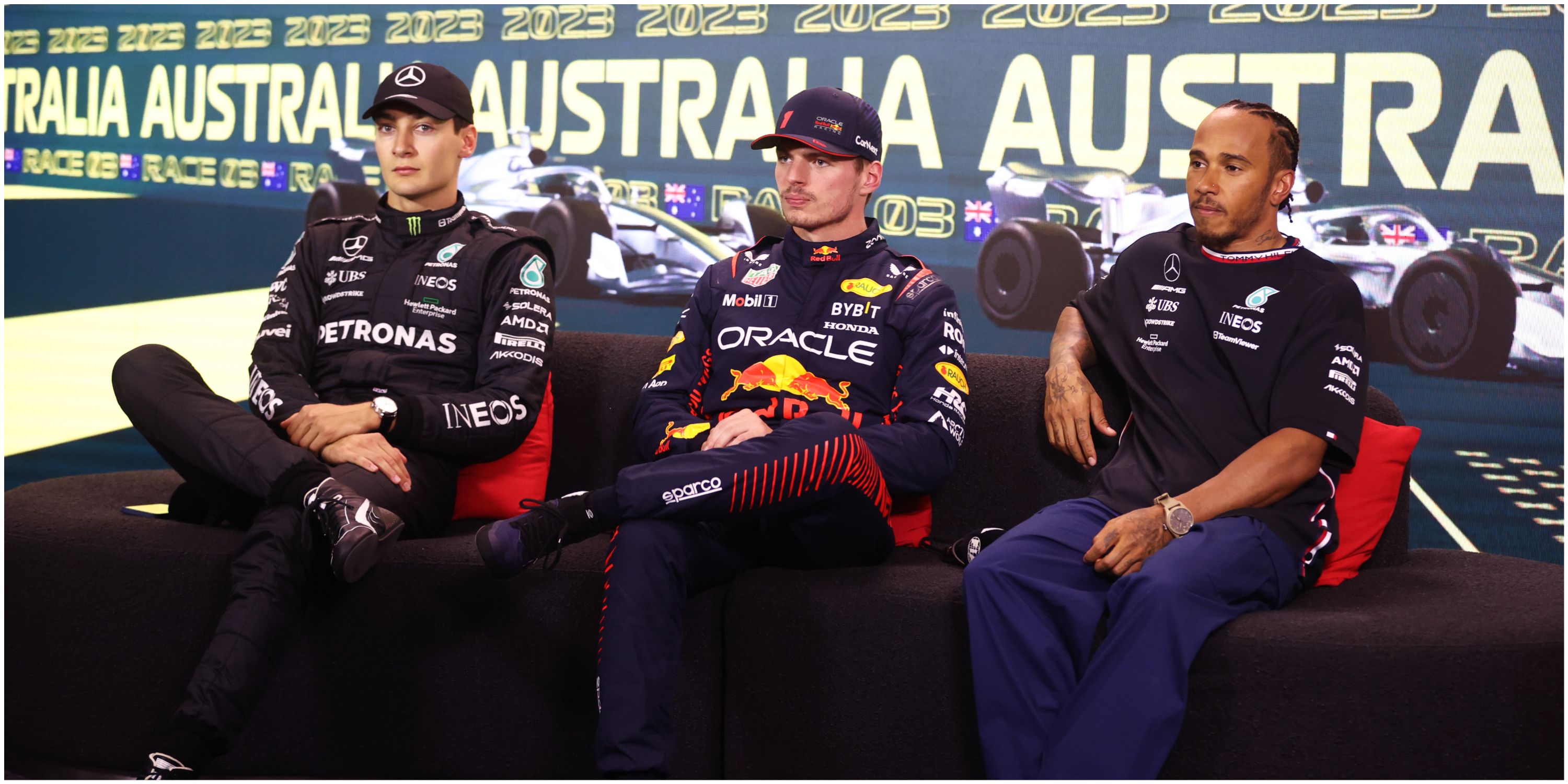 Max Verstappen, George Russell and Lewis Hamilton speak to the press in Australia