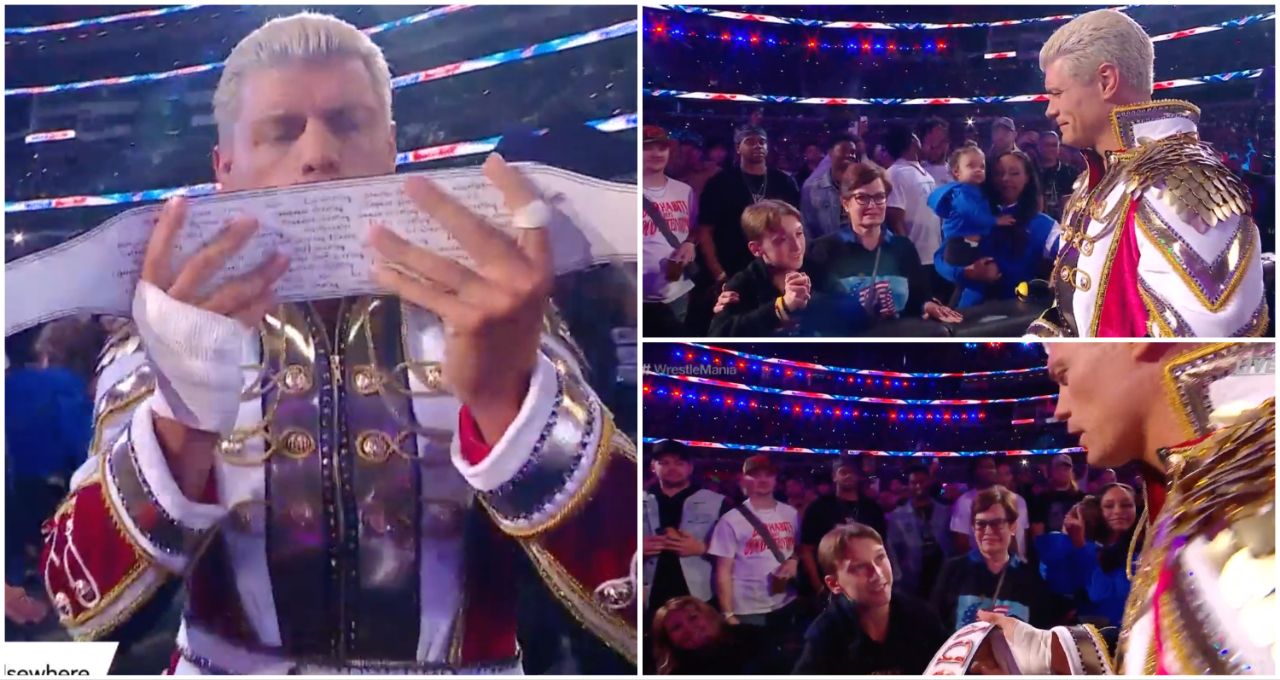 WWE WrestleMania 39 Cody Rhodes hands weight belt to Luke Harper's son