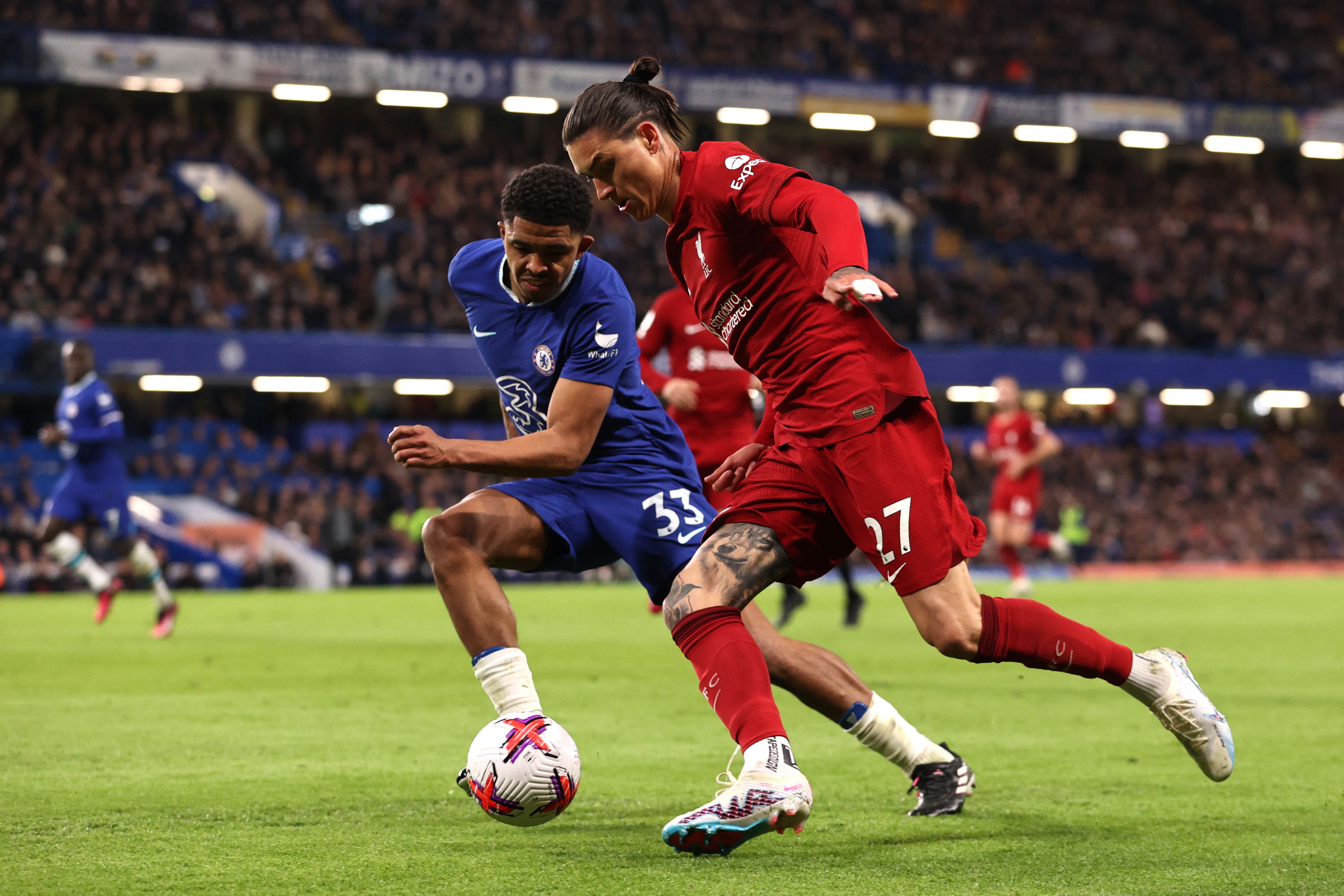 Darwin Nunez of Liverpool runs with the ball vs Chelsea.