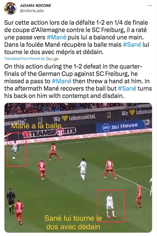 Momen kala Leroy Sane sudah telanjur kesal pada Sadio Mane, dalam pertandingan Bundesliga antara Bayern Munich vs SC Freiburg, Sabtu (8/4/2023).