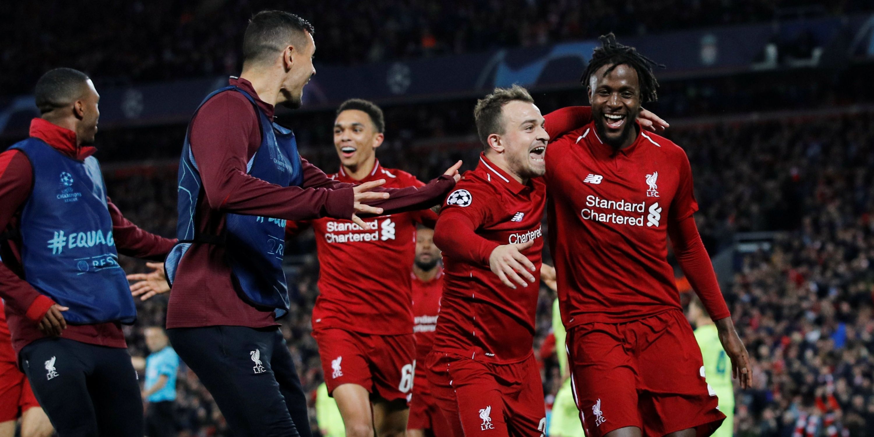 Divock Origi celebrates his goal in Liverpool 4-0 Barcelona in 2019