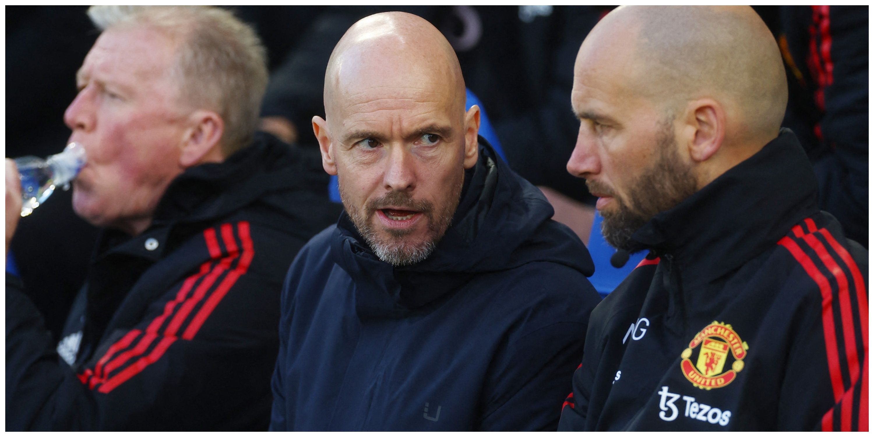 Manchester United manager Erik ten Hag sitting down with assistants
