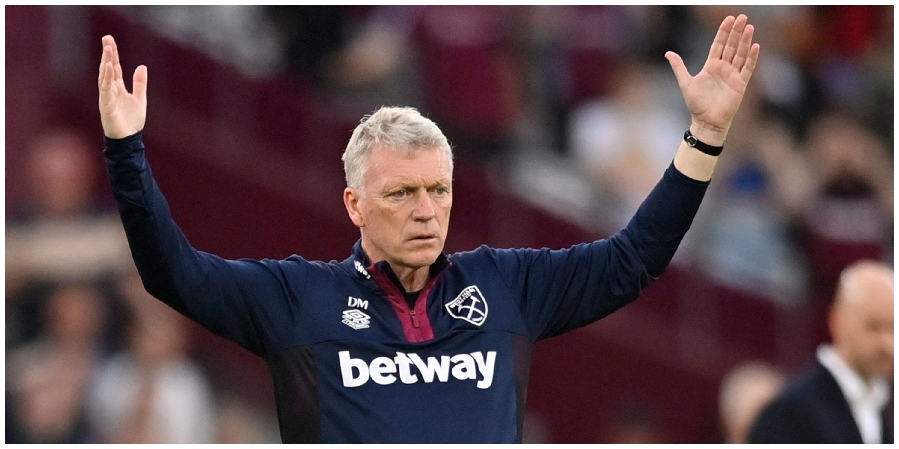 West Ham manager David Moyes throwing his arms up in the air