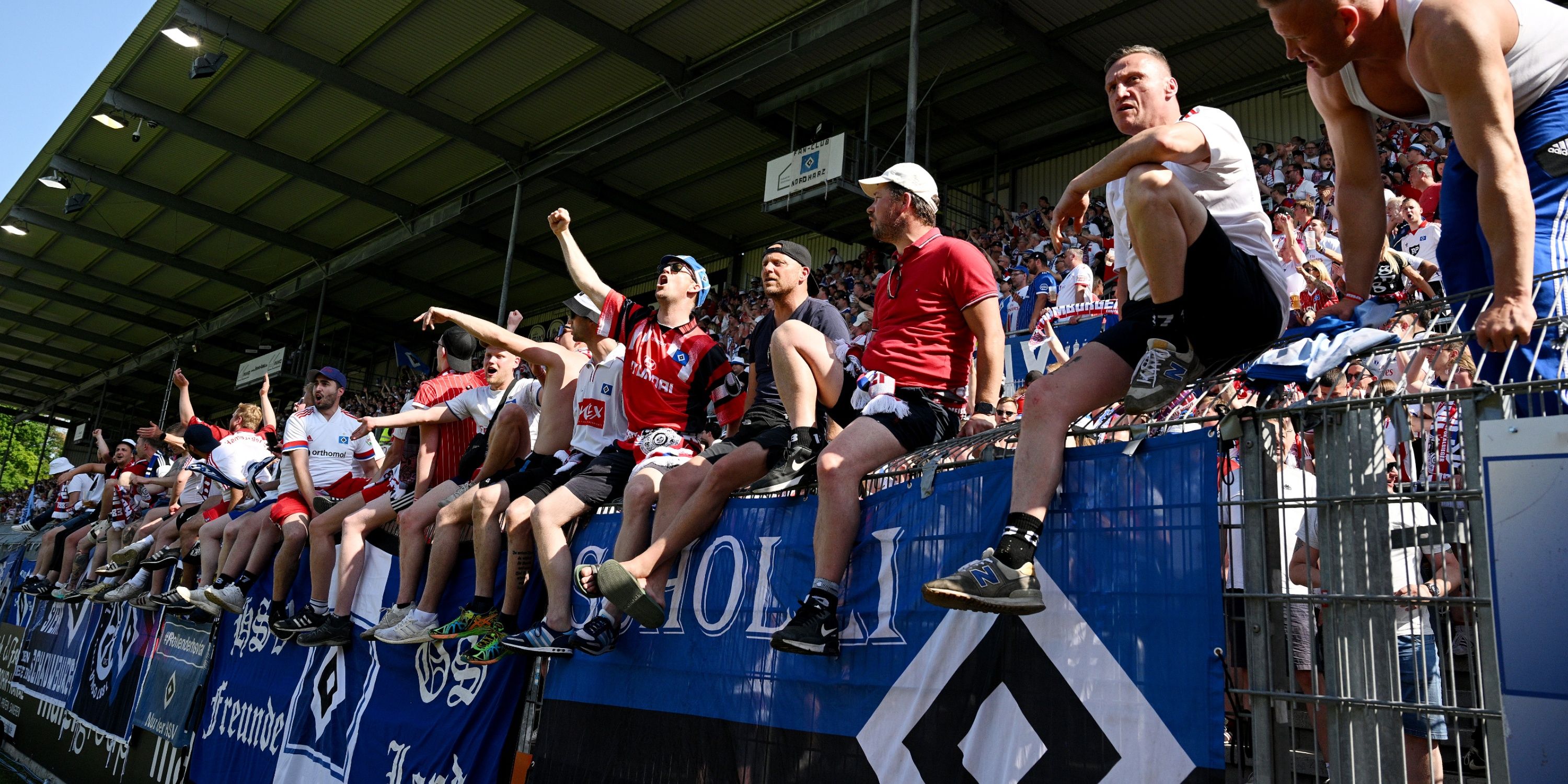 Hamburger SV fans celebrate after the team's victory.