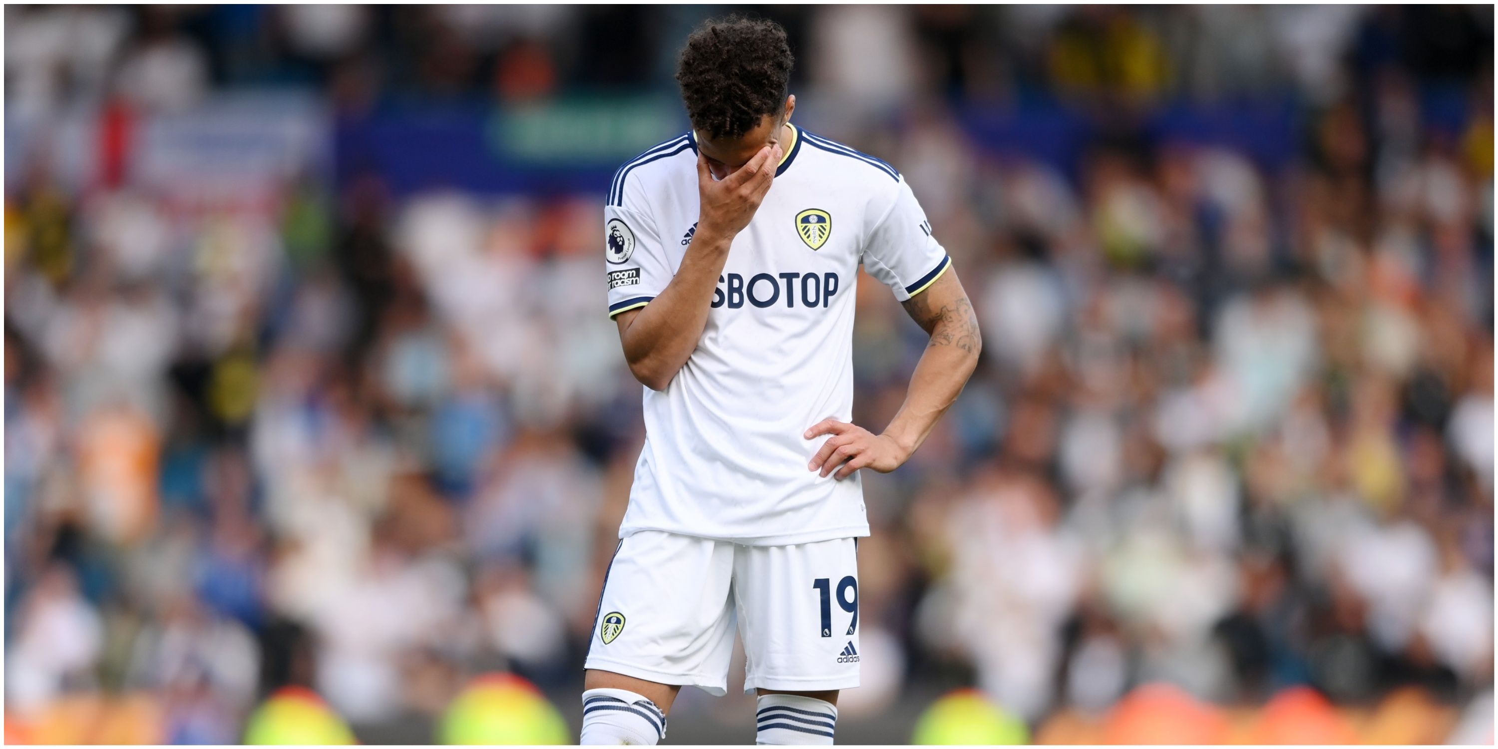 Rodrigo Moreno of Leeds United looks dejected after their relegation from the Premier League.