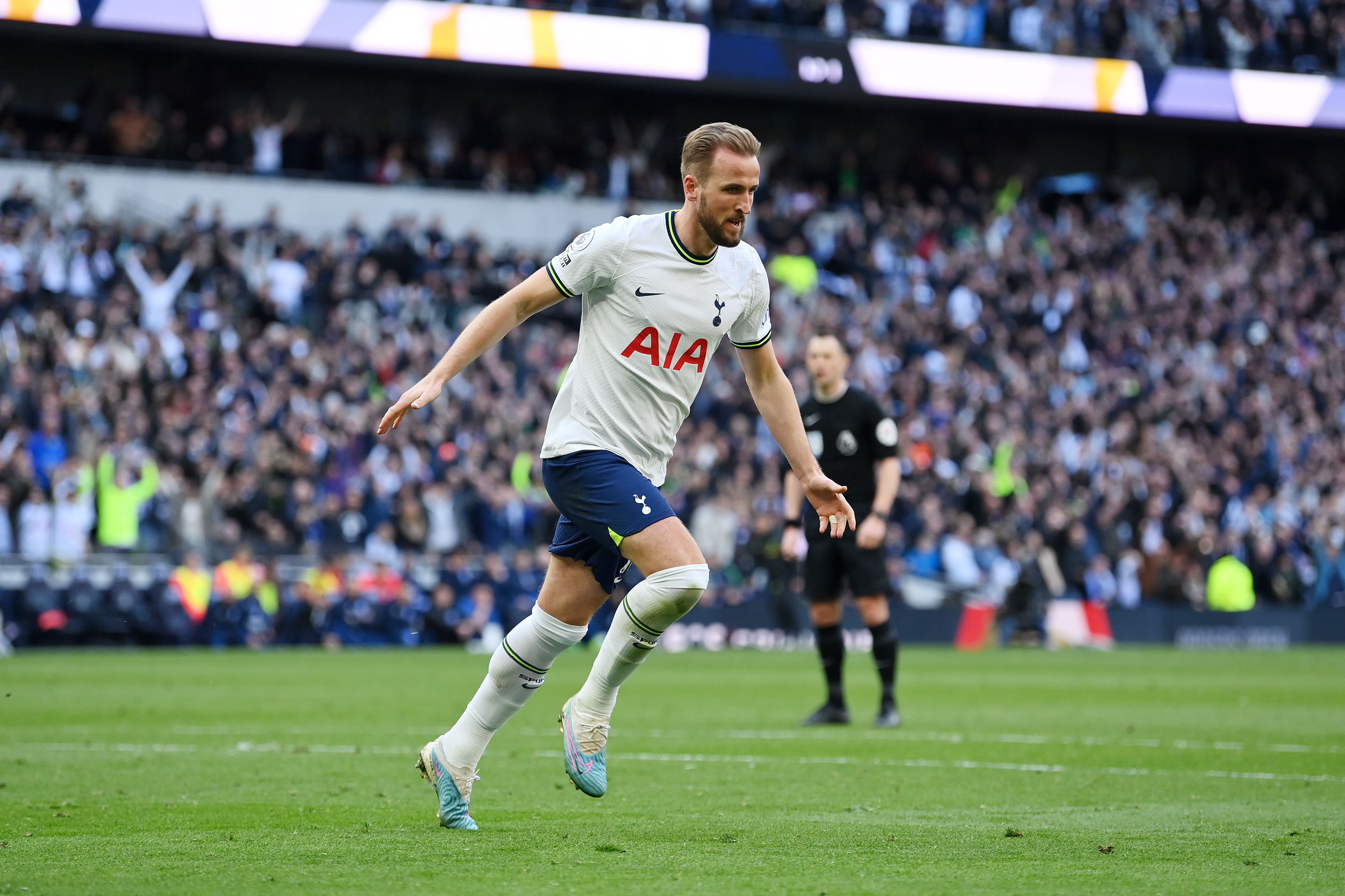 Harry Kane of Tottenham Hotspur celebrates after scoring.