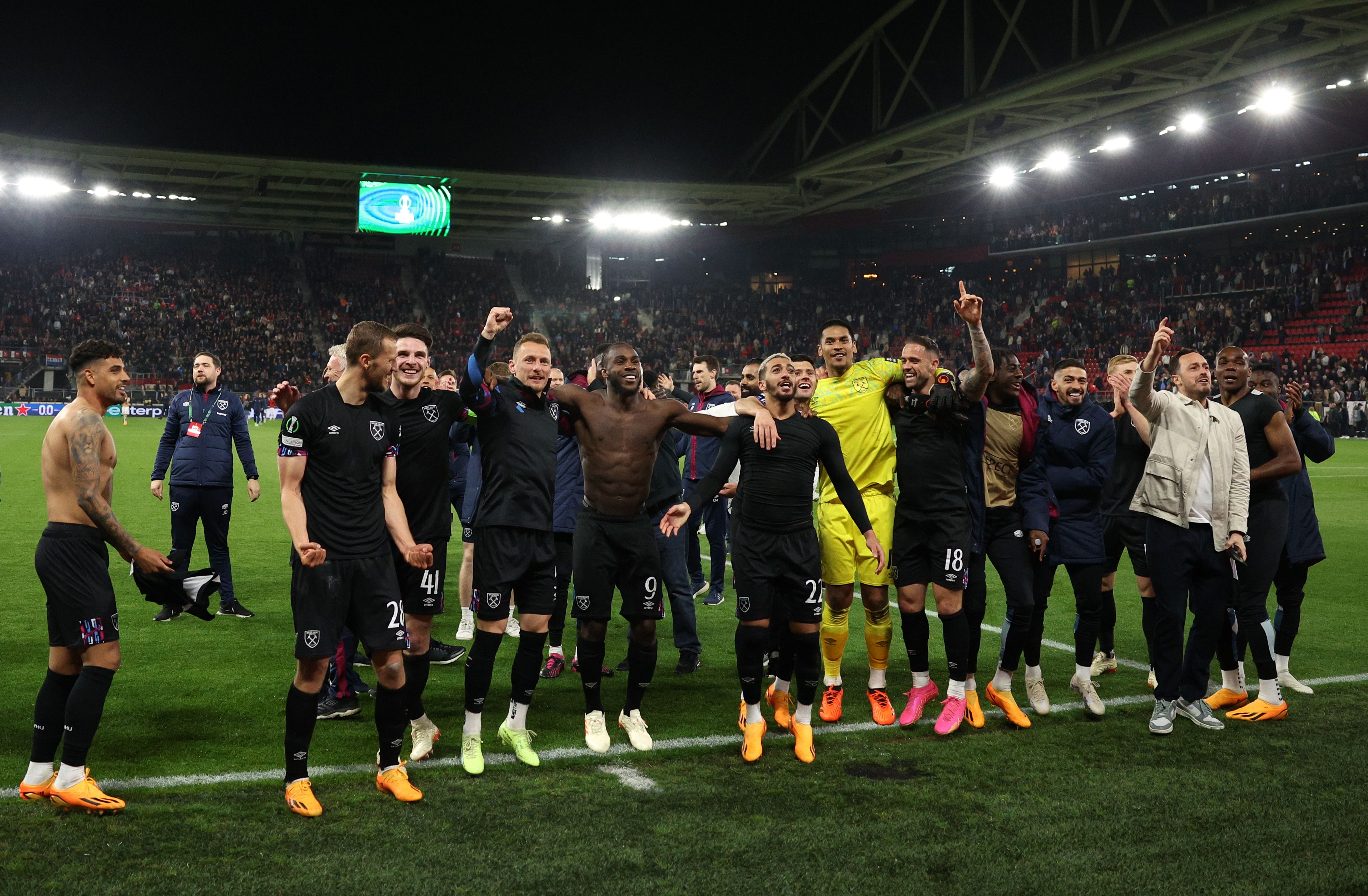 West Ham players celebrate beating AZ Alkmaar