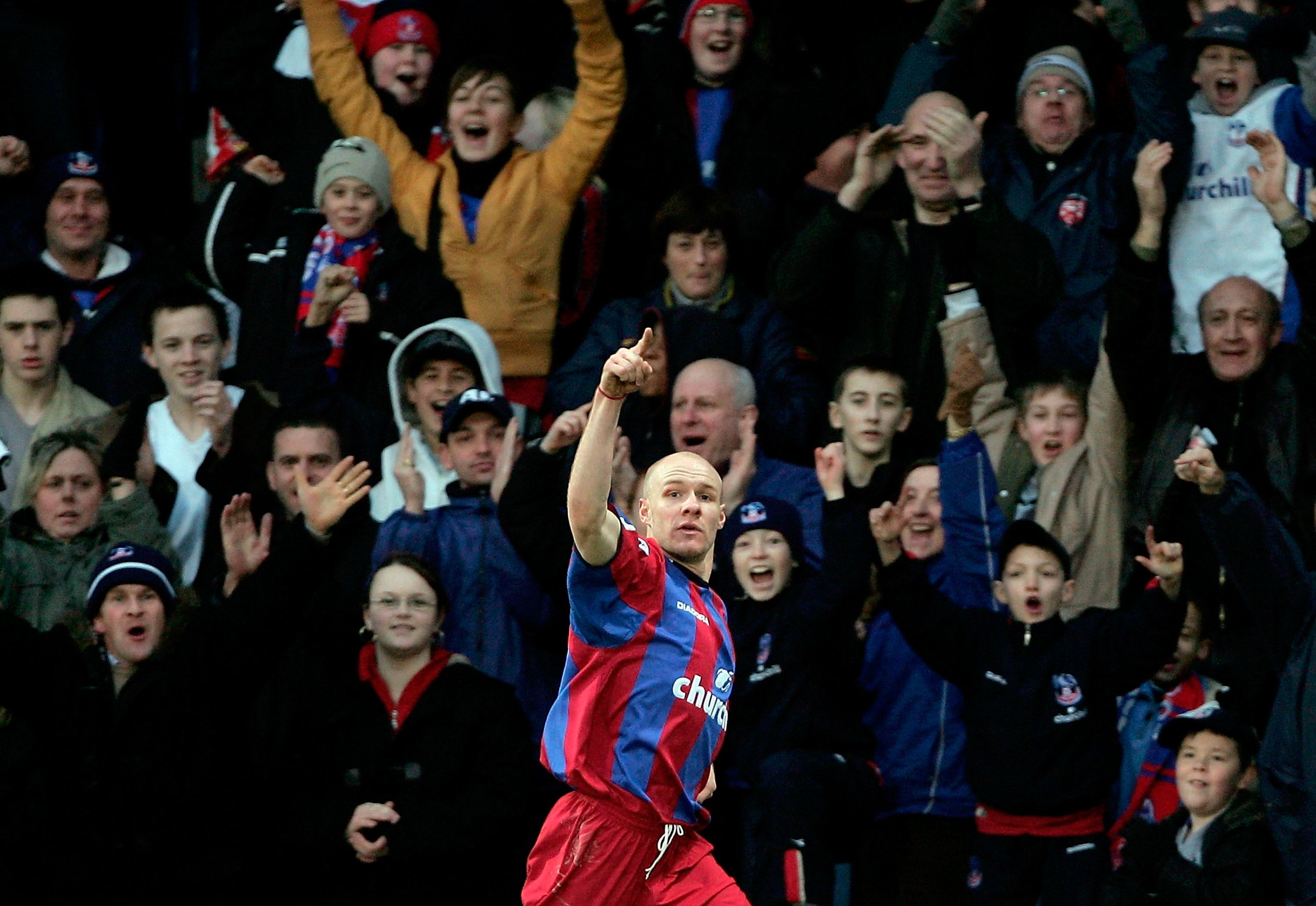 Andy Johnson of Palace celebrates scoring a goal during the Barclays Premiership match between Crystal Palace and Aston Villa.