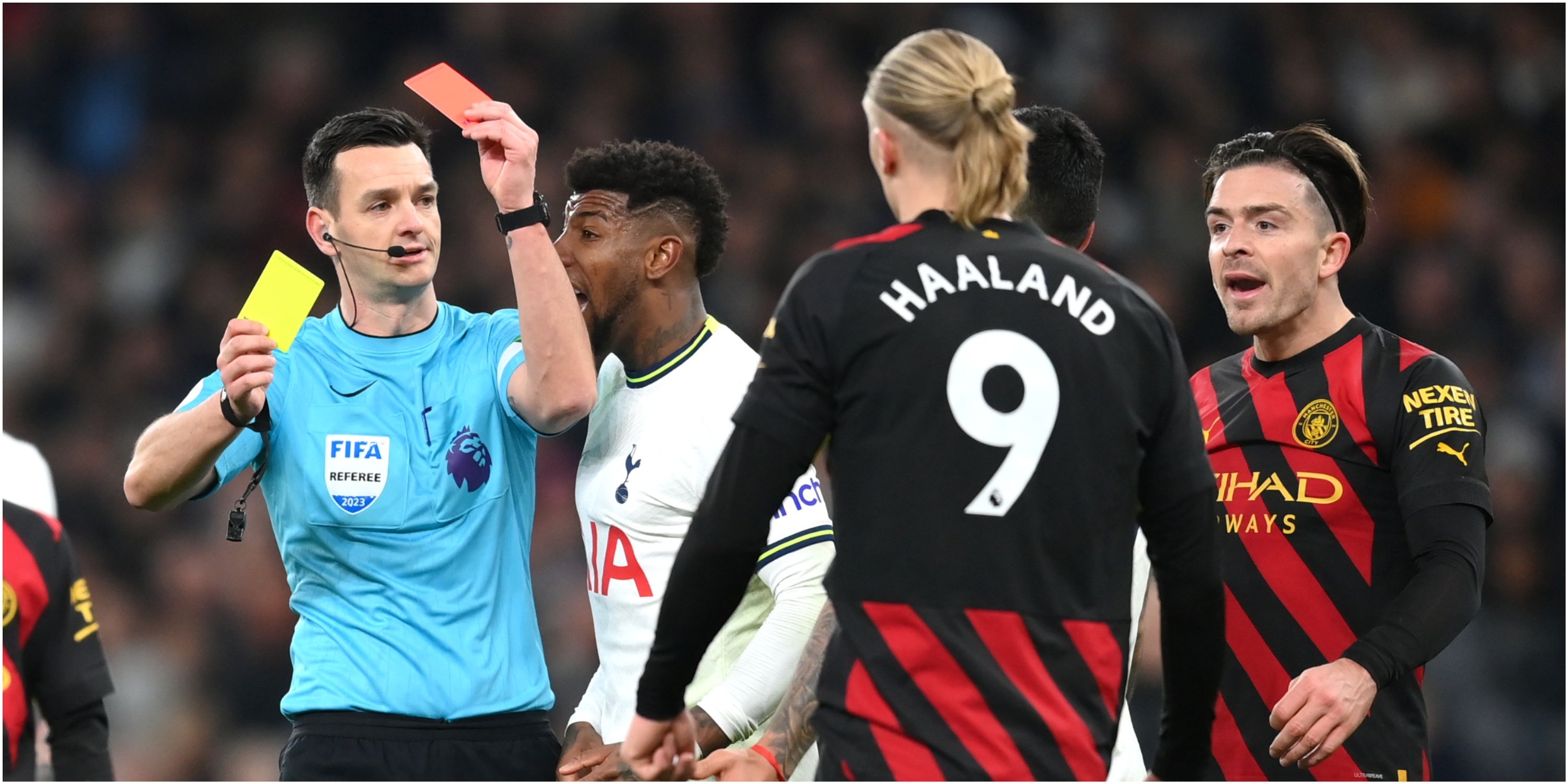 Erling Haaland and Jack Grealish argue with Premier League referee