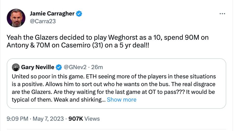 Man Utd Jamie Carraghers Tweet About Erik Ten Hag Goes Viral After West Ham Defeat 