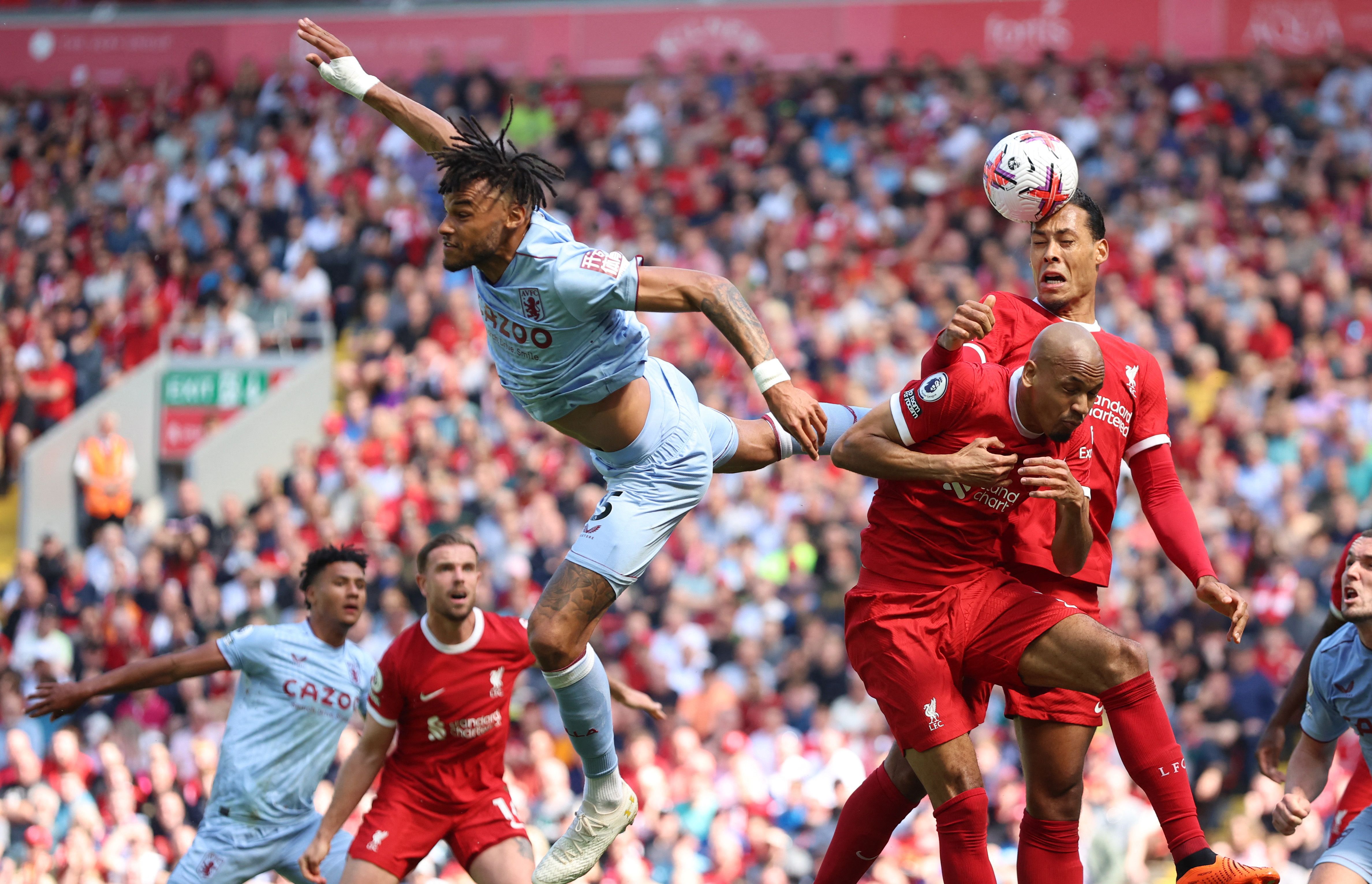 Aston Villa's Tyrone Mings in action v Liverpool