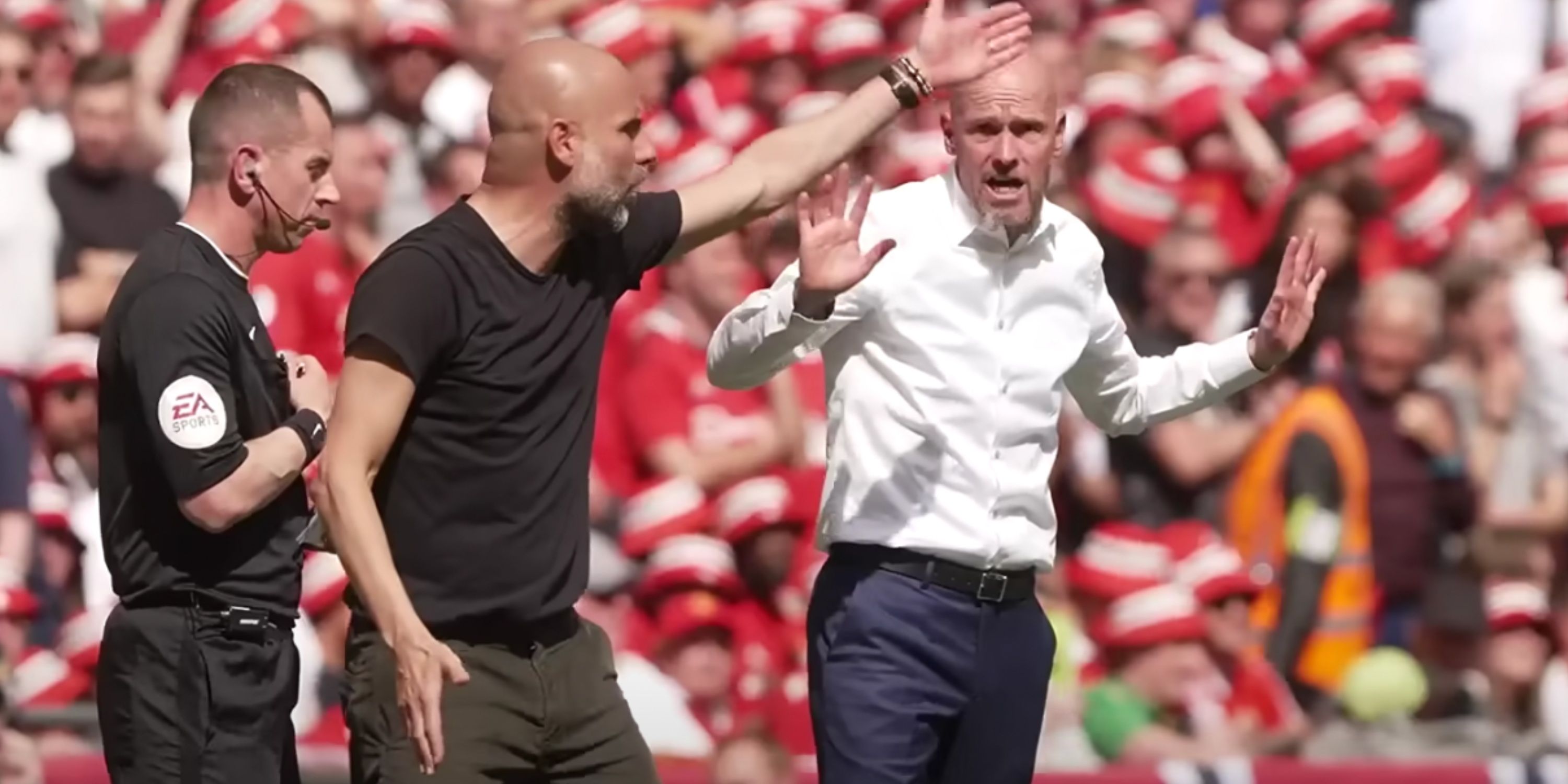 Erik ten Hag and Pep Guardiola clash during FA Cup final