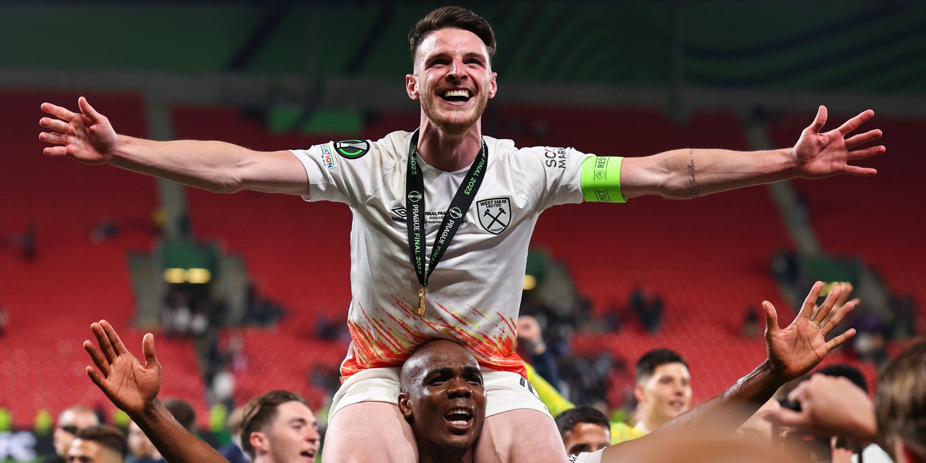 Declan Rice of West Ham United celebrates after winning the UEFA Europa Conference League final.