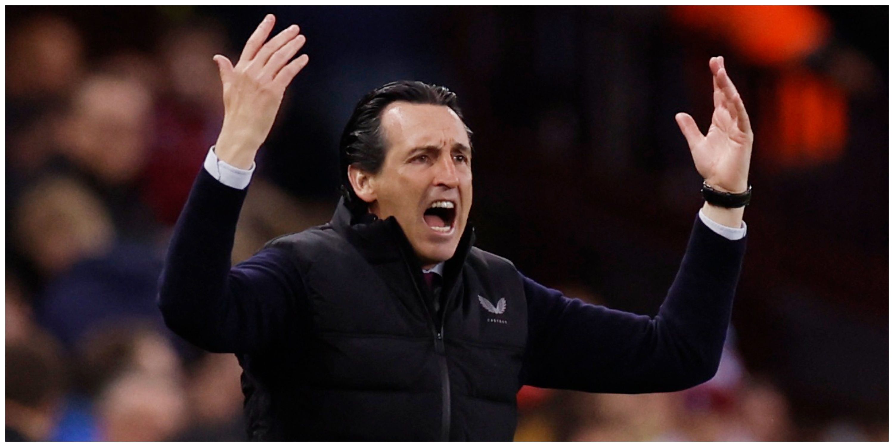 Aston Villa manager Unai Emery throwing arms up in air