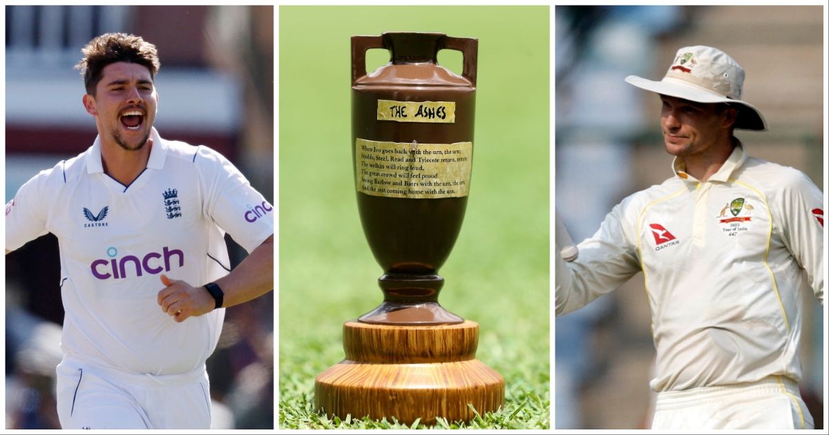A collage of England and Australia crickers with The Ashes urn.