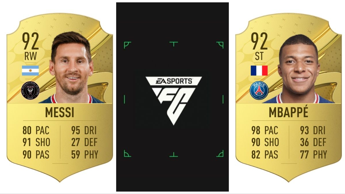 EA Sports FC collage featuring Lionel Messi and Kylian Mbappe concept cards.