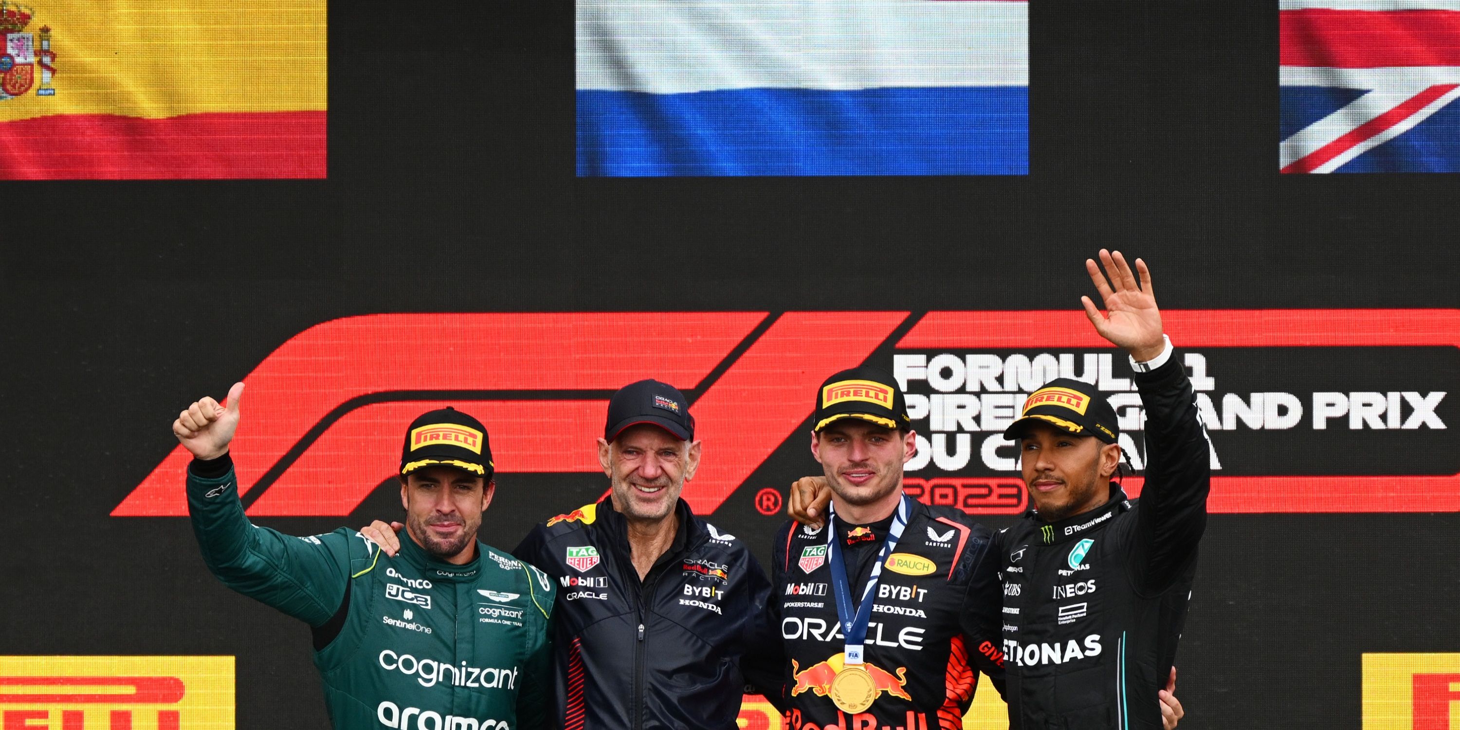 Max Verstappen, Fernando Alonso, Lewis Hamilton on the Canadian GP podium