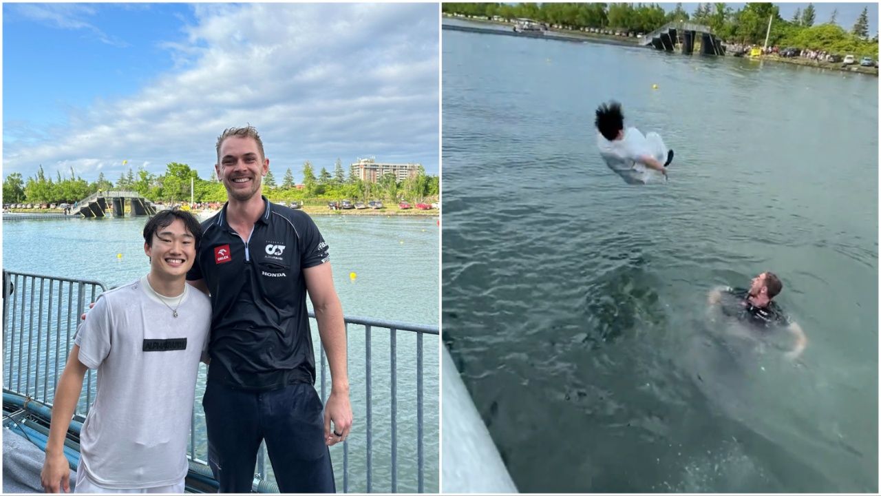 Yuki Tsunoda flips into Montréal lake as he pays tribute to AlphaTauri
