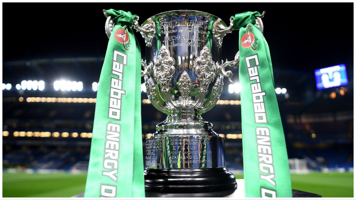 The Carabao Cup stands on display with it's green ribbons during a League Cup clash between Chelsea and Manchester United at STamford Bridge.