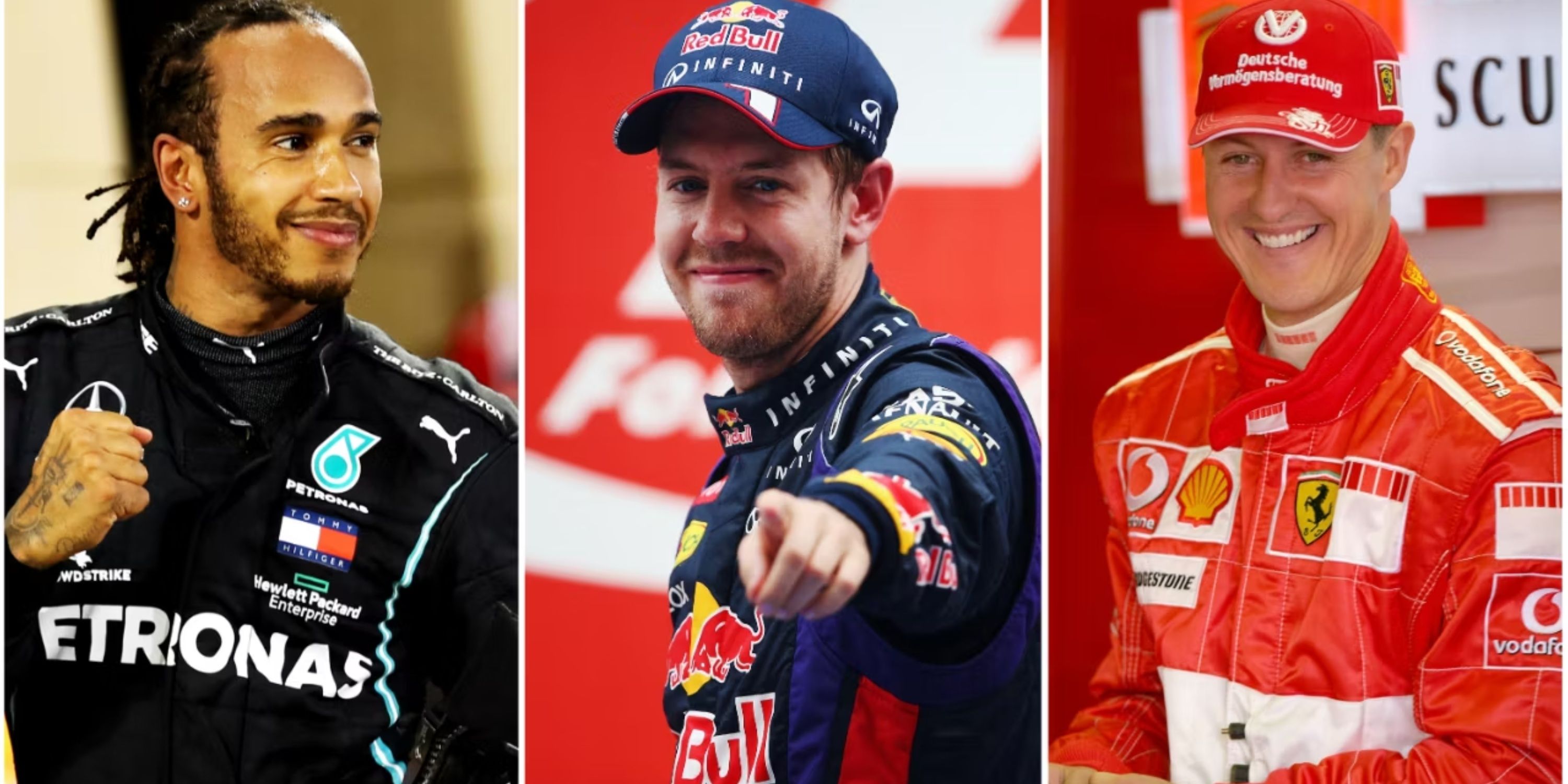 Split image of Lewis Hamilton, Sebastian Vettel, Michael Schumacher