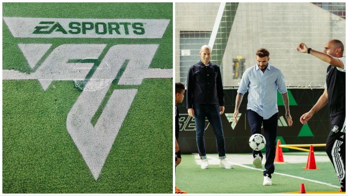 EA Sports FC futures collage with Zidane and Beckham training with La Castellane children.