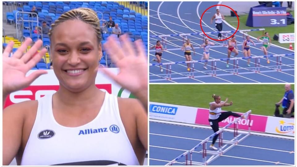 Shot putter Jolien Boumkwo hilariously competes in hurdles at European