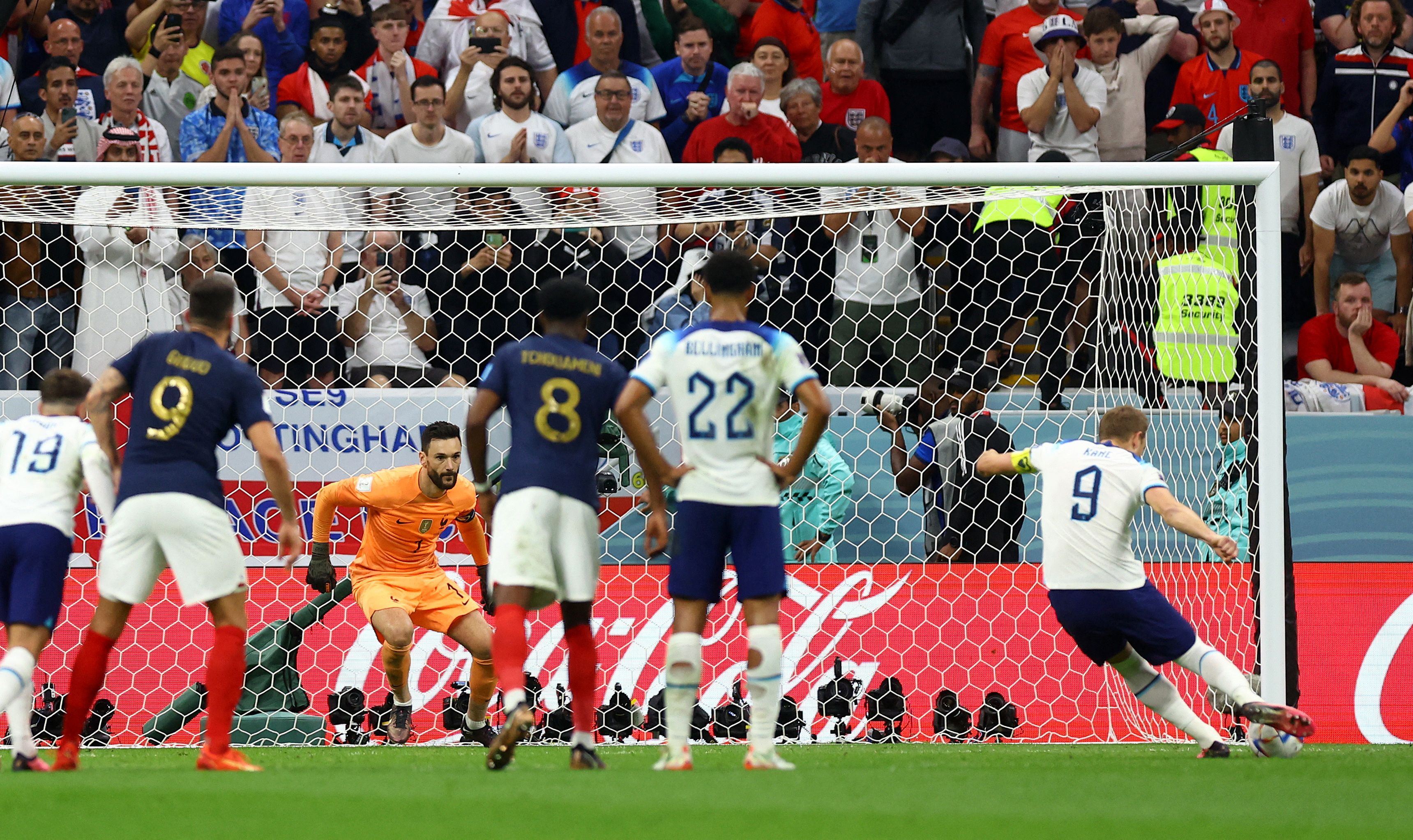 England's Harry Kane misses from the penalty spot.