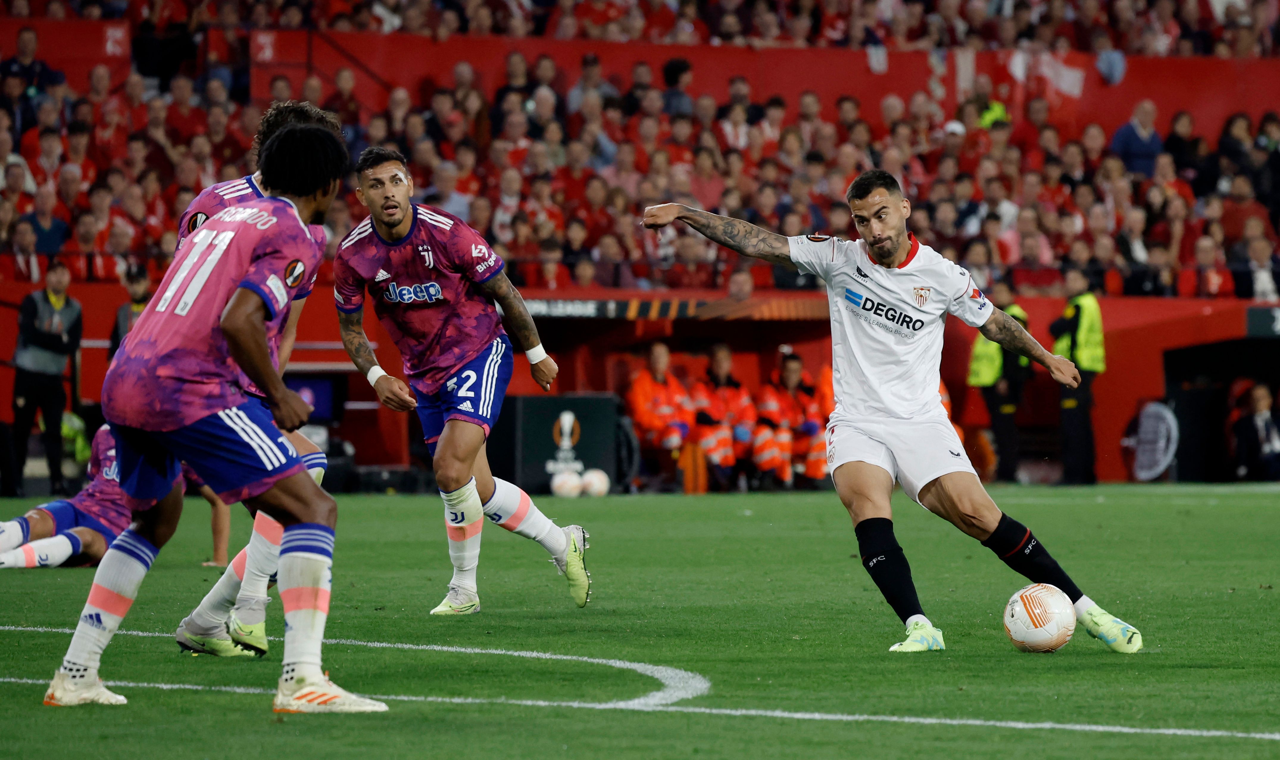 Sevilla's Suso scores their first goal vs Juventus.