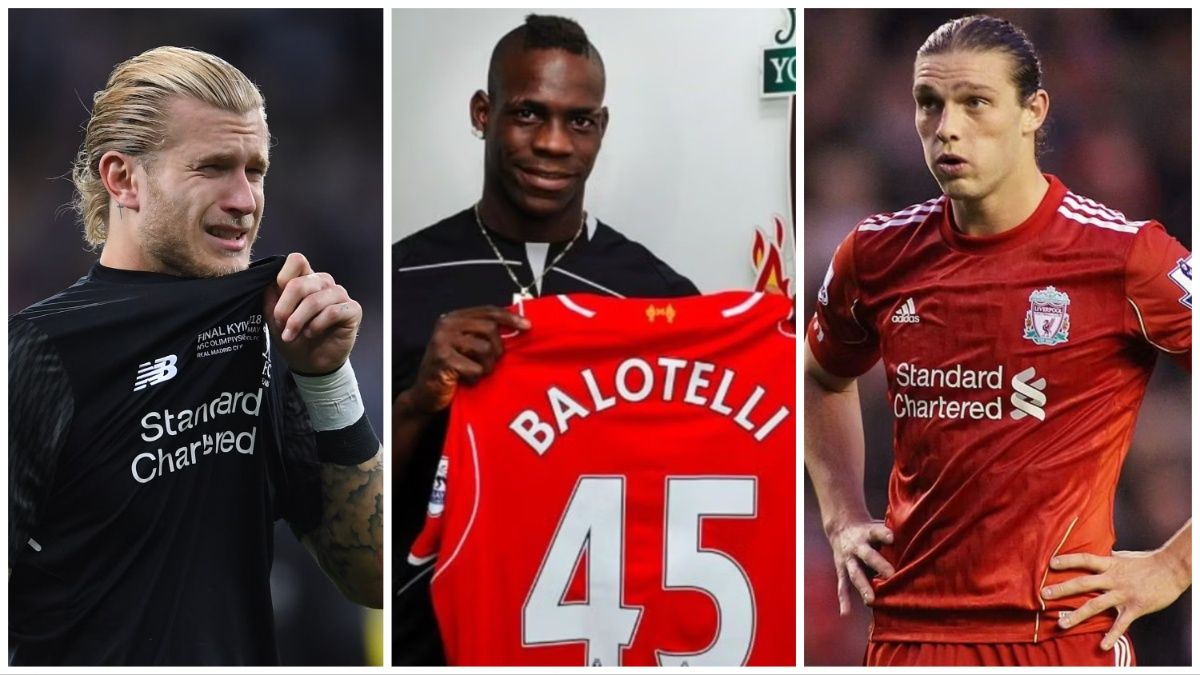 Loris Karius weeps as Liverpool lose the UEFA Champions League final in 2018. Mario Balotelli holds up his number 45 Liverpool shirt on his signing day for the club. Andy Carroll huffs and puffs during a Premier League outing at Anfield for Liverpool.