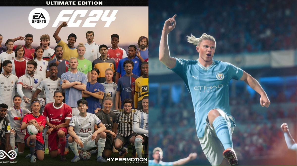 FC 24 collage with Ultimate Edition cover and Erling Haaland in-game.