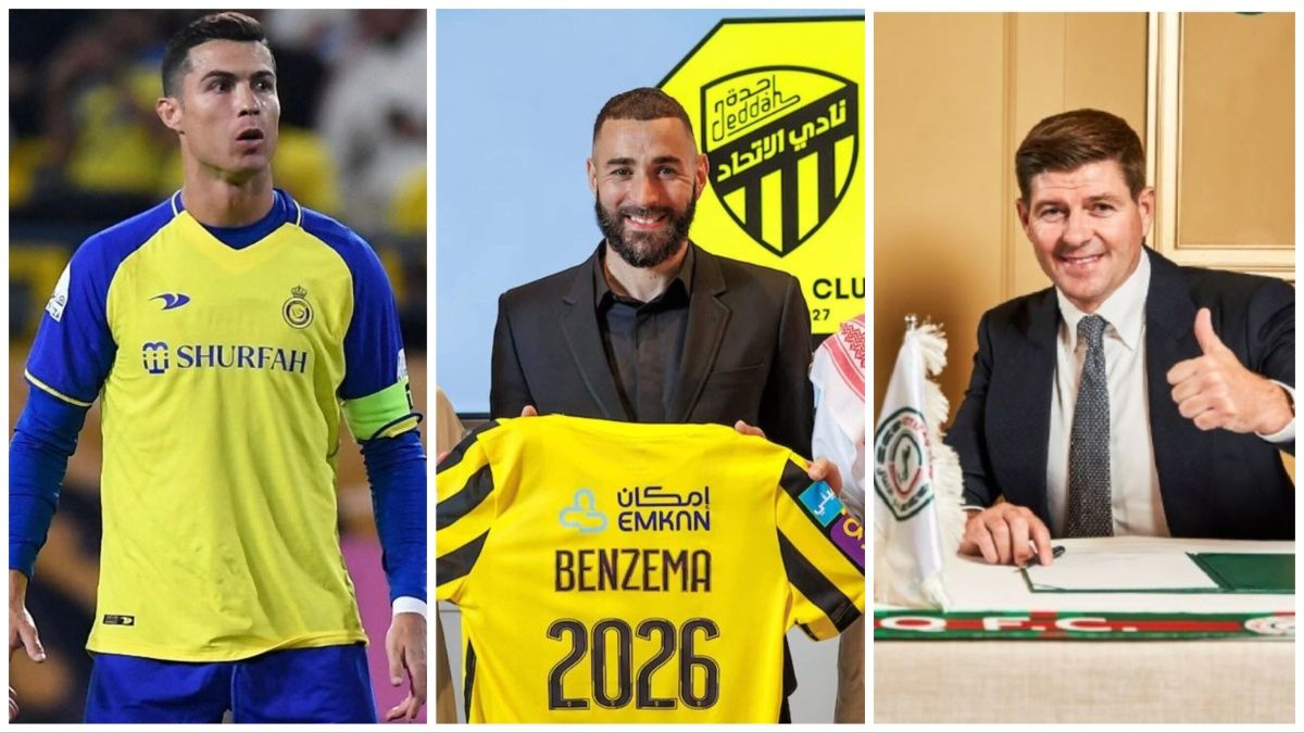 Cristiano Ronaldo plays for Al-Nassr in the Saudi Pro League and captains his team. Benzema proudly holds his Al-Ettiad shirt as he signs for the Saudi Arabian club. Steven Gerrard places a thumbs up to the photographer after taking on a mangerial role in the Saudi Pro League.