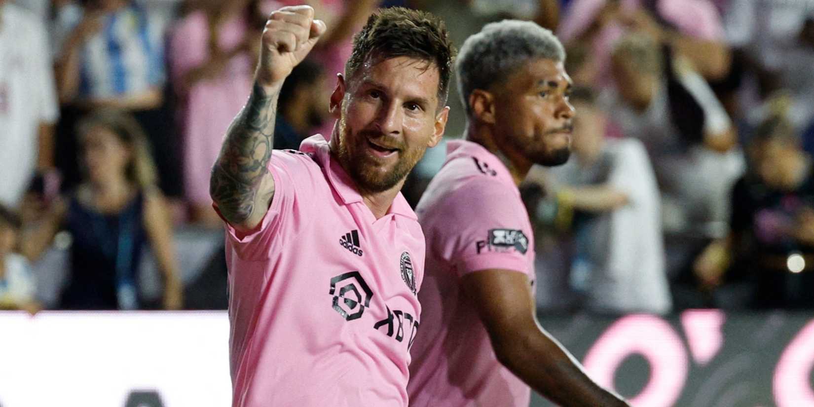 Lionel Messi celebrates scoring an epic free-kick on his Inter Miami debut