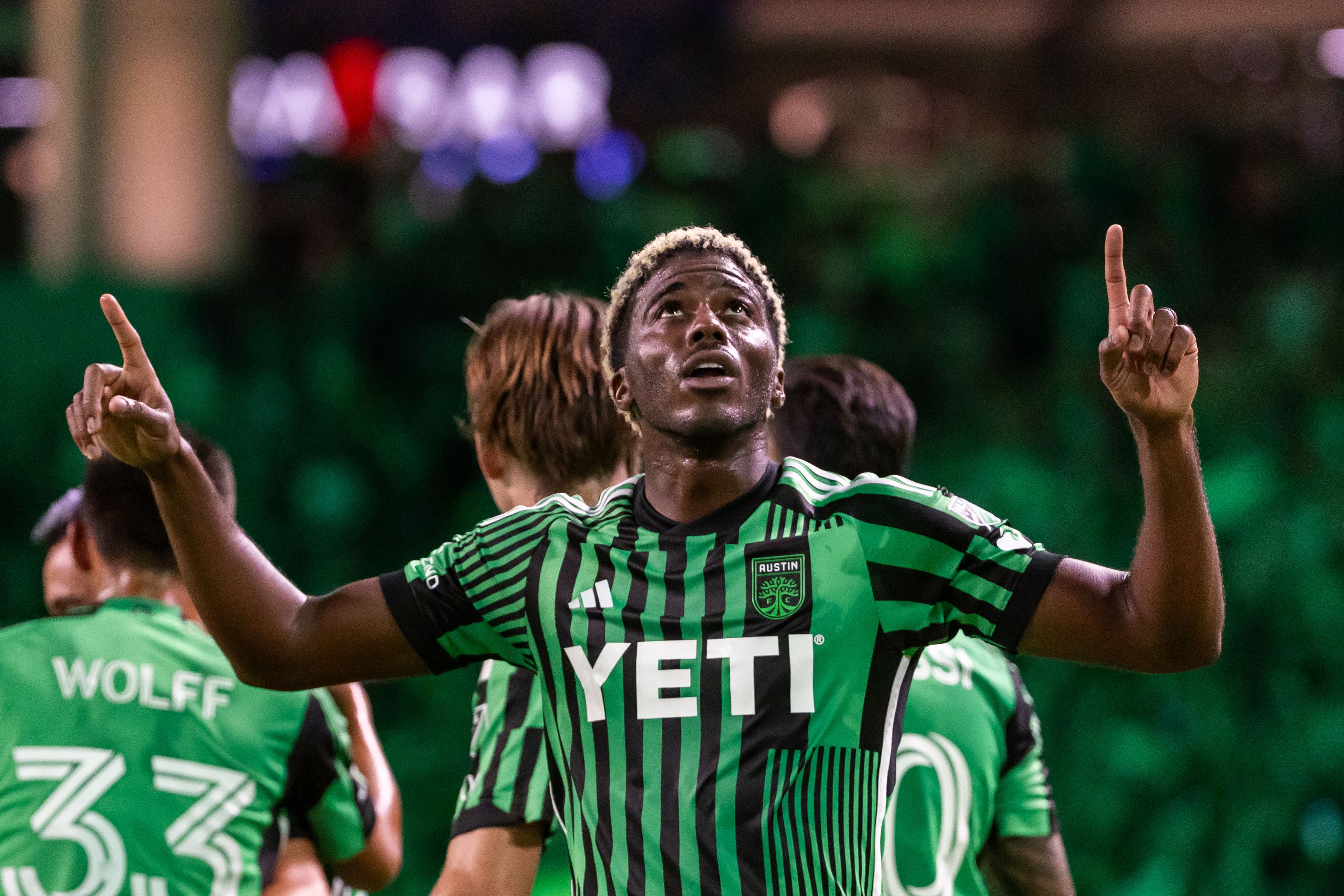 Austin FC forward Gyasi Zardes (9) looks to the crowd after scoring a goal during the MLS match between Austin FC and Sporting Kansas City.