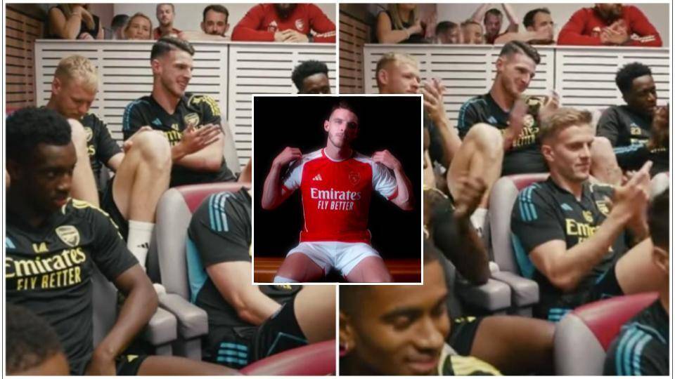 Declan Rice gives speech in front of Arsenal players after completing ...