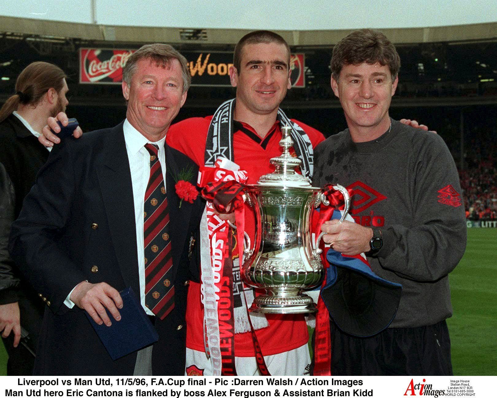 Eric Cantona with Alex Ferguson & Assistant Brian Kidd after Manchester United win the FA Cup