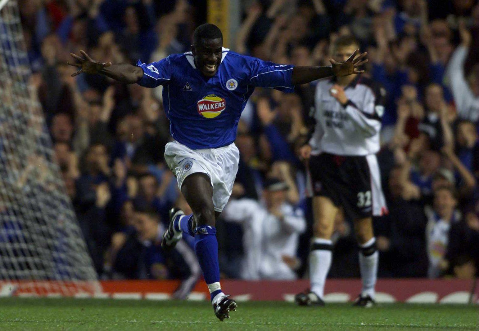Ade Akinbiyi of Leicester celebrates
