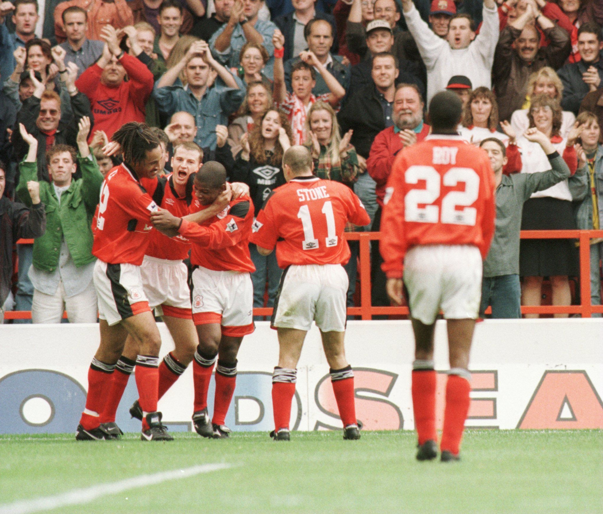 Nottingham Forest players celebrate.