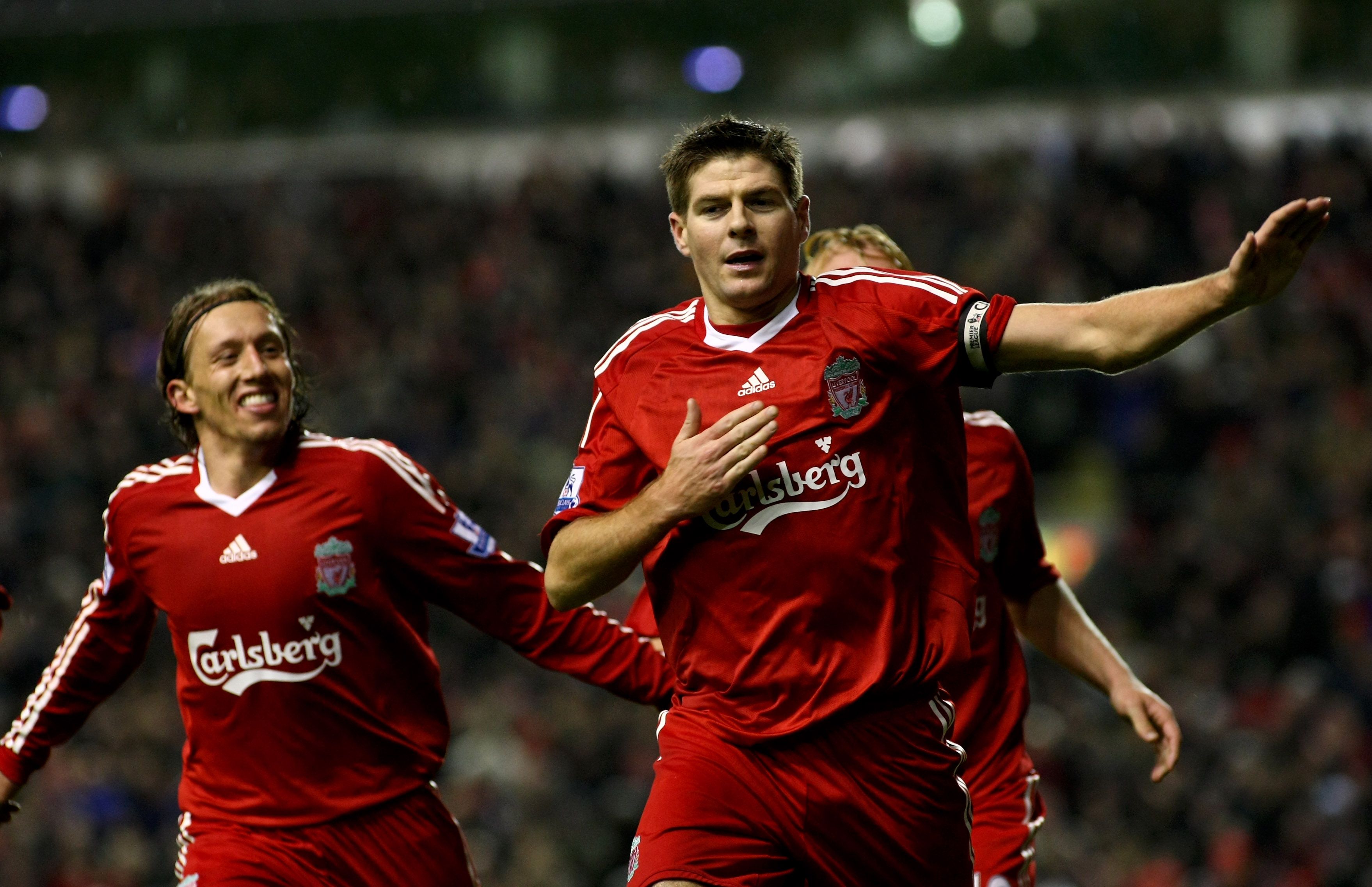 Liverpool goalscorer Steven Gerrard celebrates.