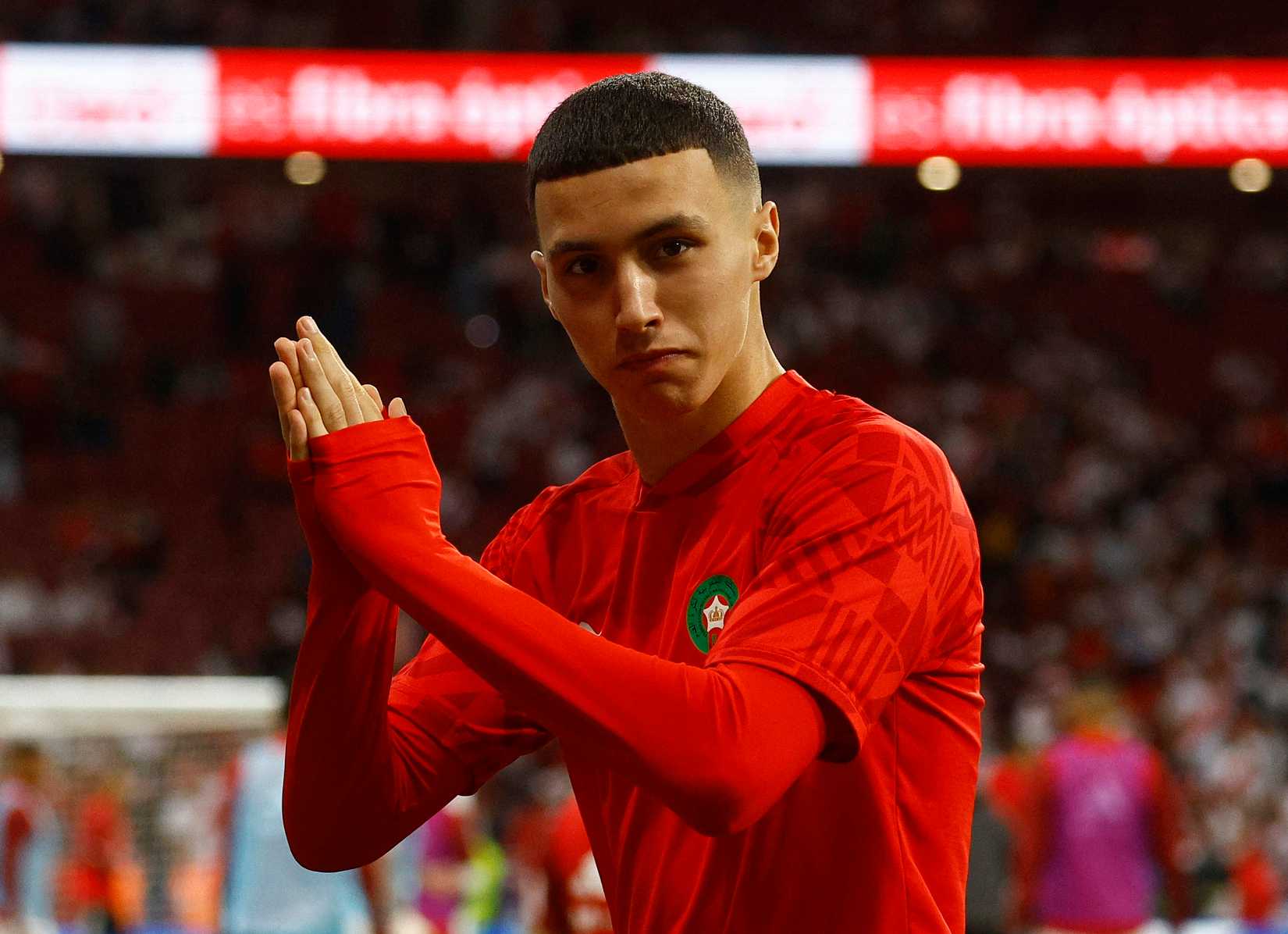 Bilal El Khannouss claps the camera during Morocco's astonishing FIFA World Cup run in 2022.