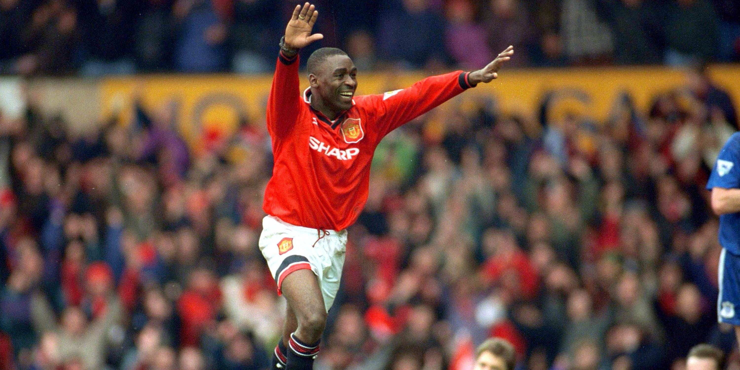 Manchester United's Andy Cole celebrates scoring against Ipswich Town.