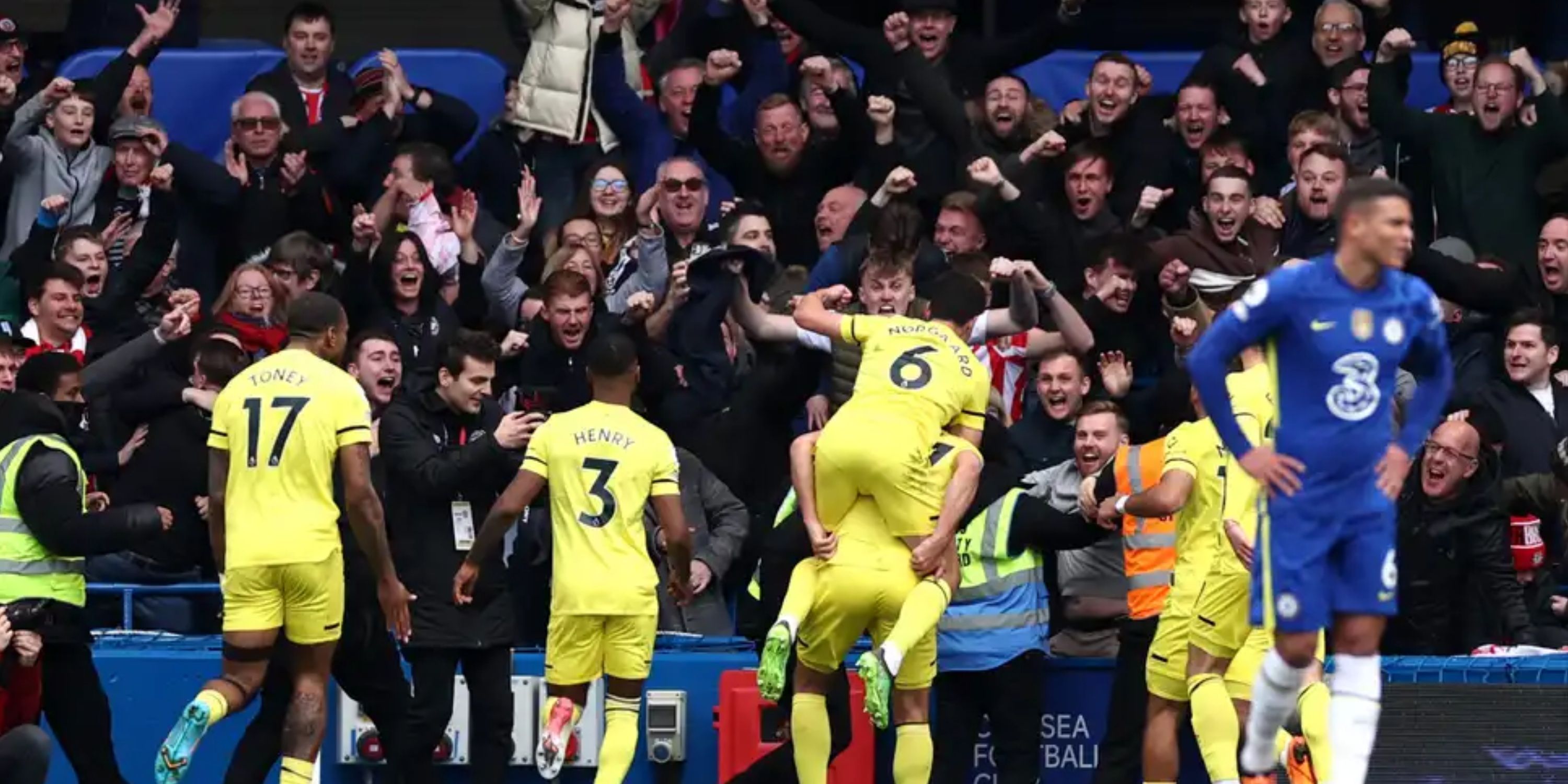 Brentford celebrating a goal against Chelsea in 2022