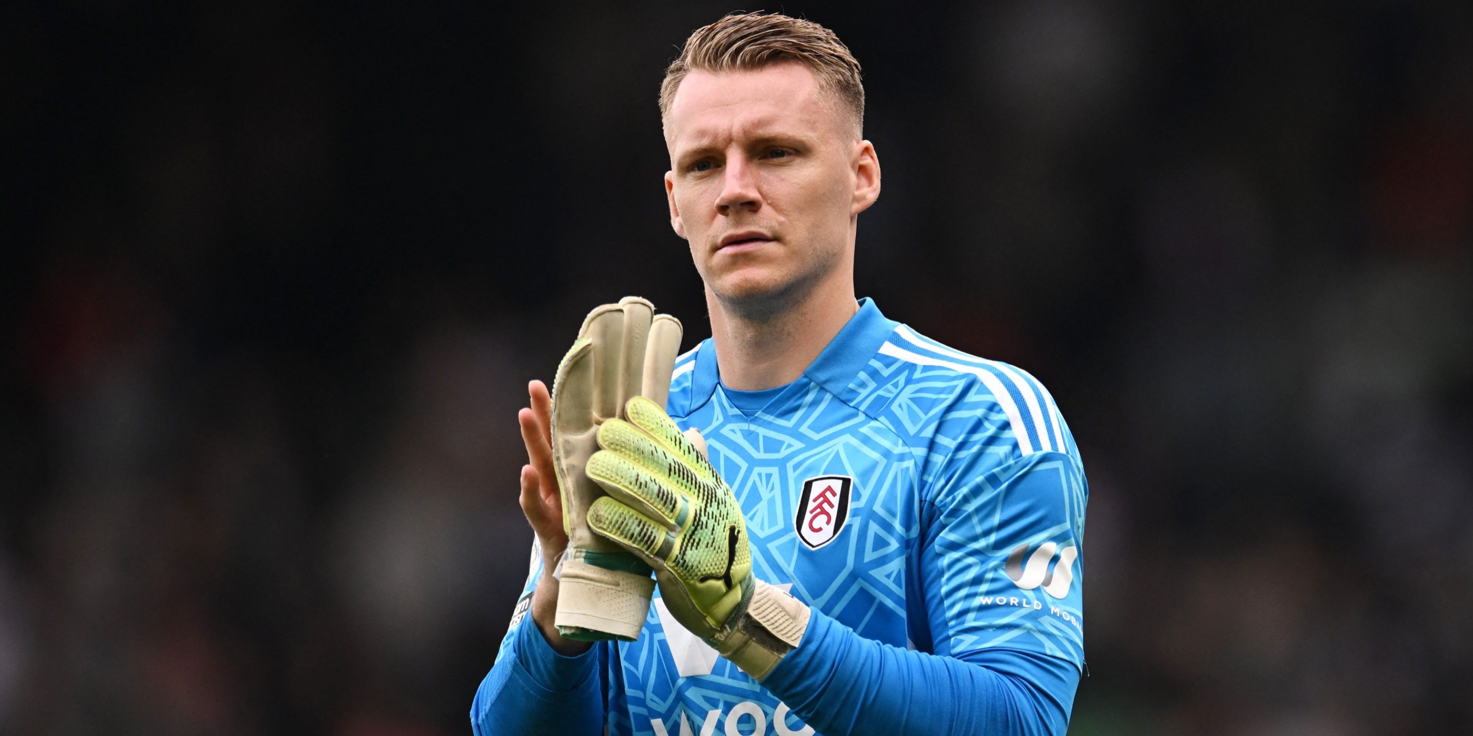 Fulham goalkeeper Bernd Leno applauding the supporters