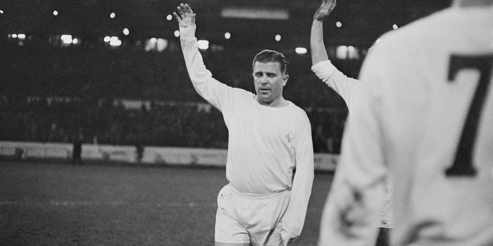 Hungarian footballer Ferenc Puskas waving for Real Madrid