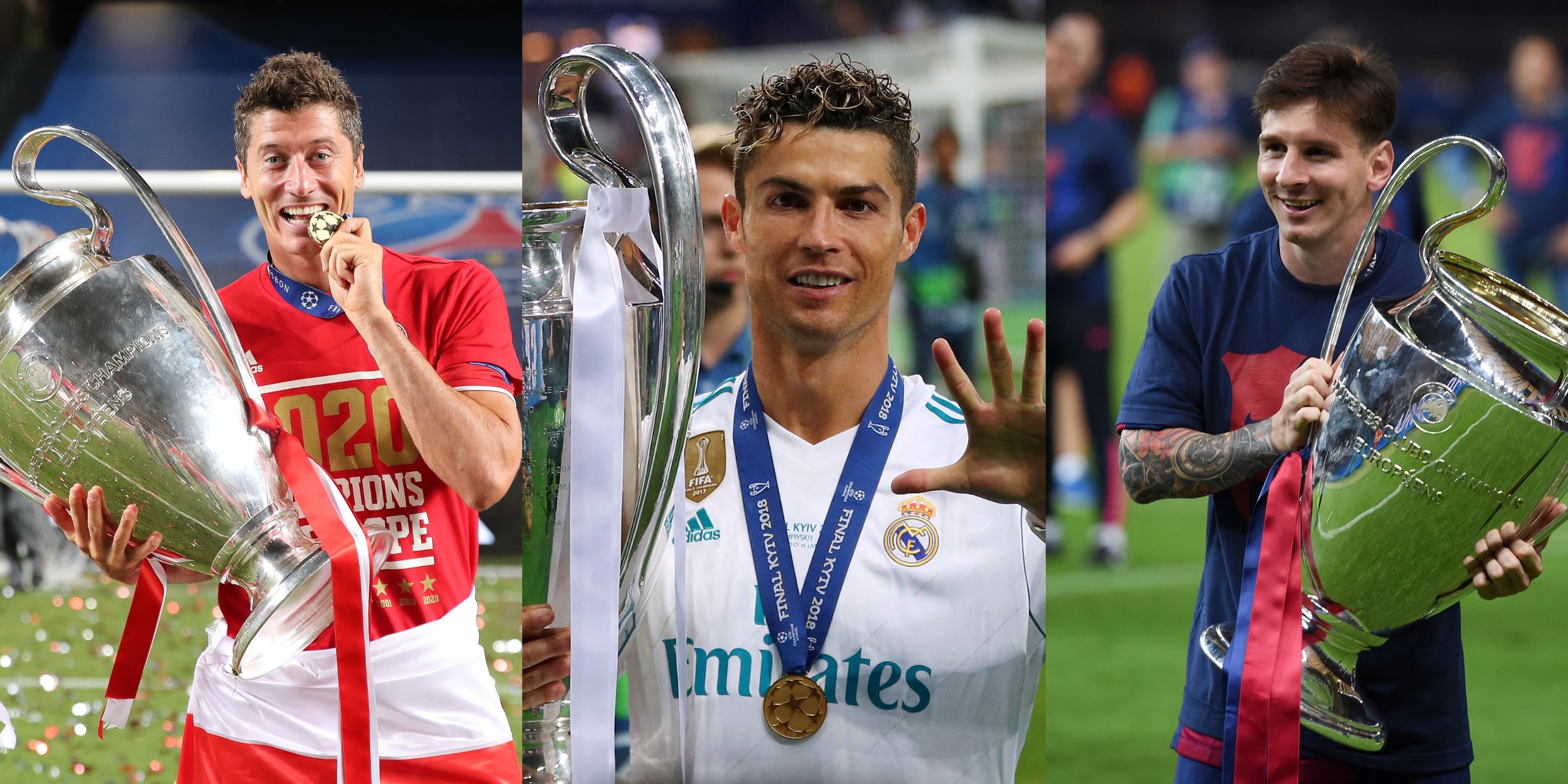 Robert Lewnadowski, Cristiano Ronaldo and Lionel Messi each holding the Champions League trophy