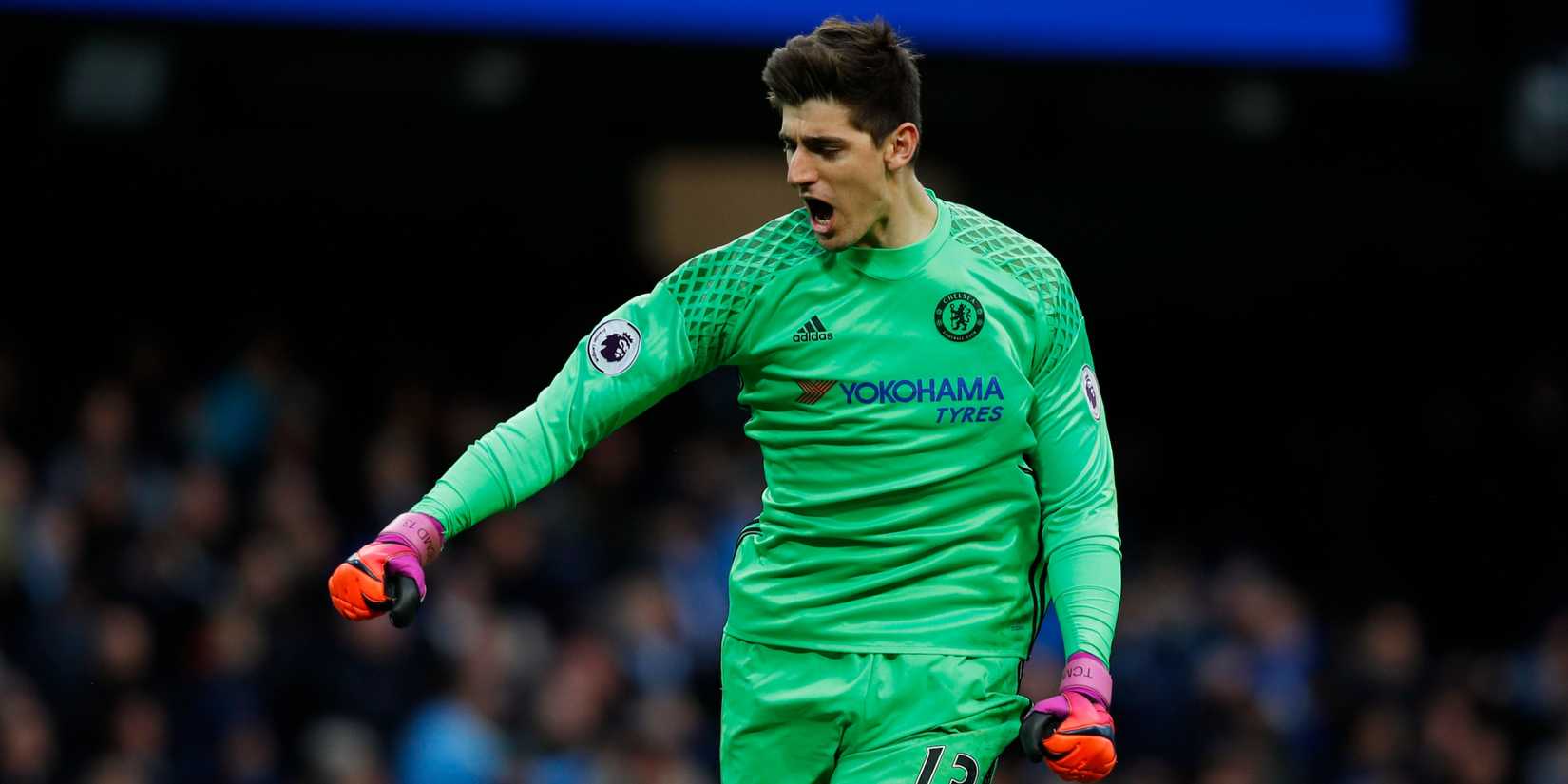 Chelsea's Thibaut Courtois celebrates.