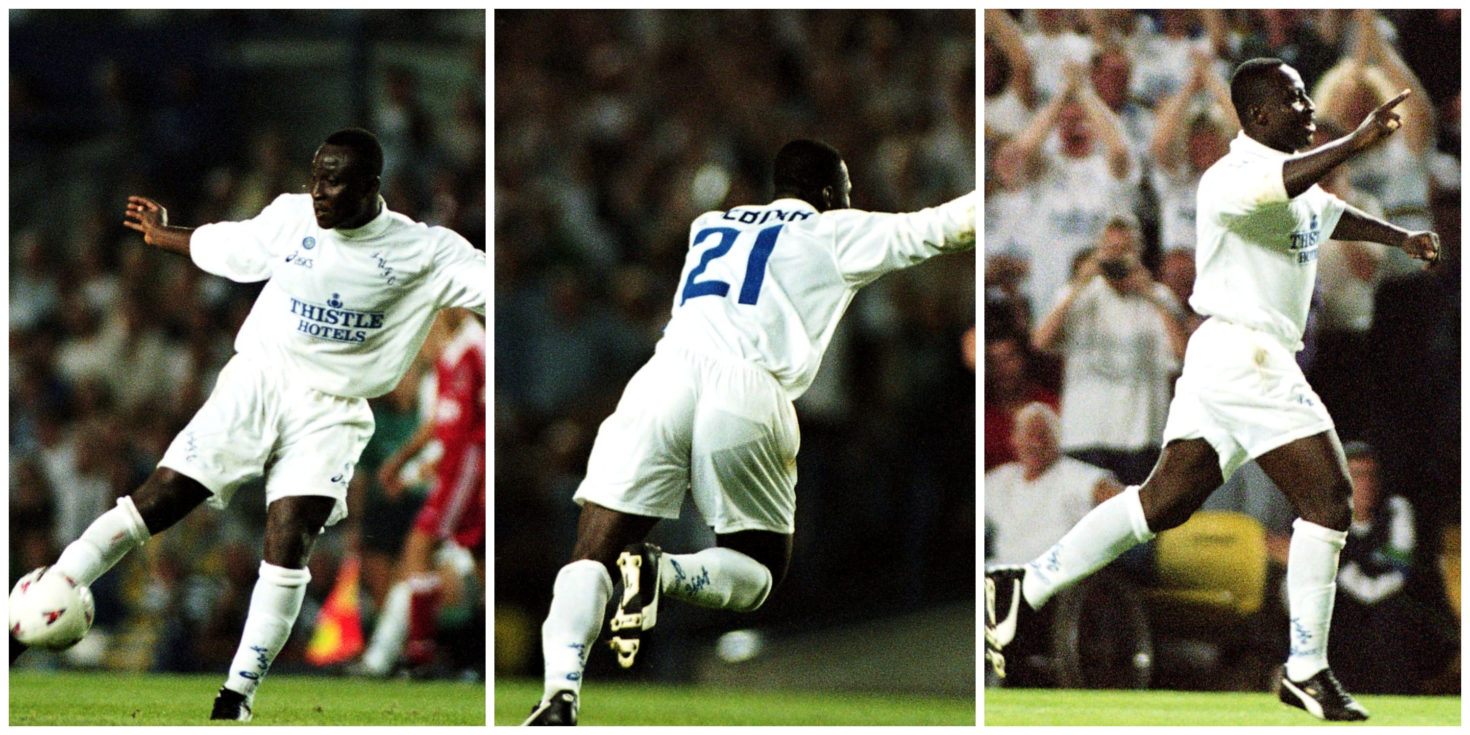 Tony Yeboah scoring against Liverpool.