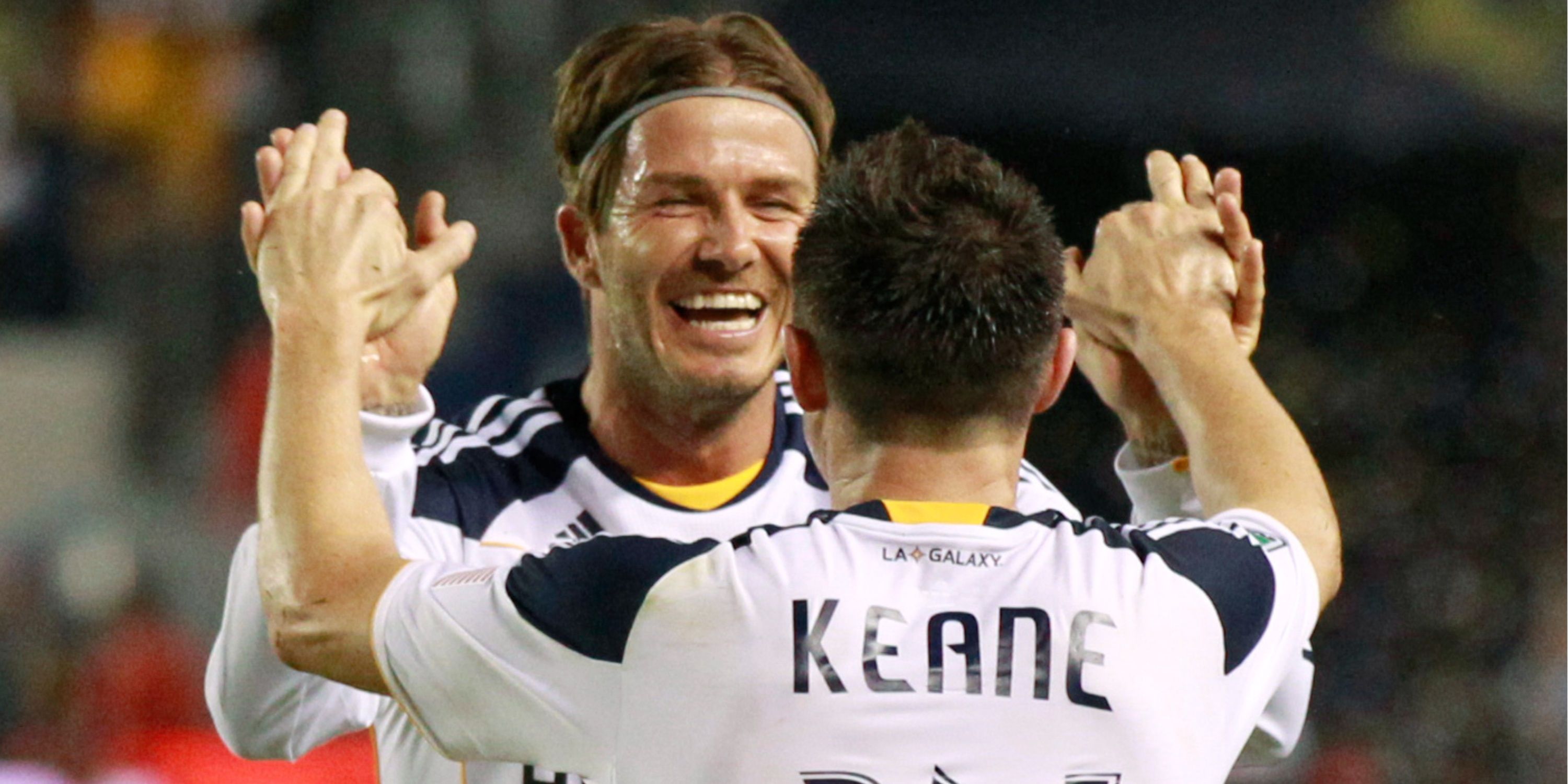 David Beckham and Robbie Keane celebrate scoring for LA Galaxy