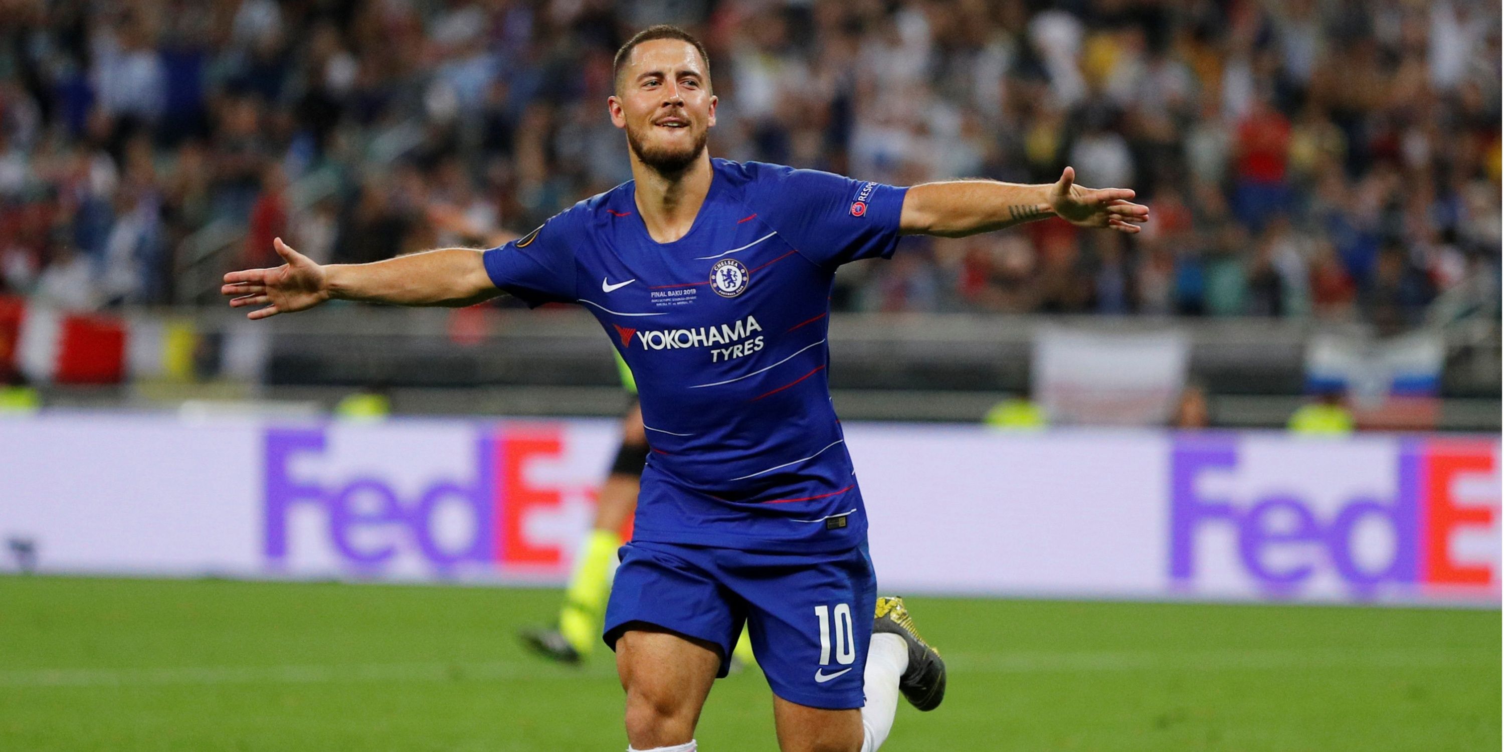 Chelsea's Eden Hazard celebrates with outstreched arms after scoring in the Europa League final against Arsenal.