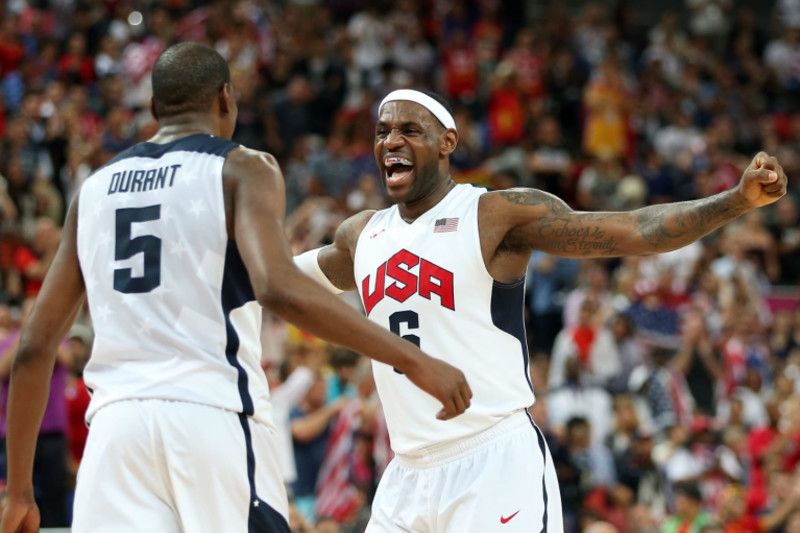 LeBron James celebrating with Kevin Durant on Team USA